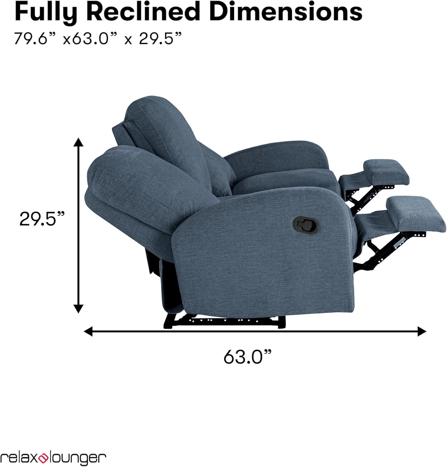Relax-A-Lounger® Palmdale 79.6" Rocker Manual Pull-Handle Sofa Recliner, Soft Modern, Pocket Coil Comfort, Black Metal Base Leg, Soft Chenille Fabric, Blue