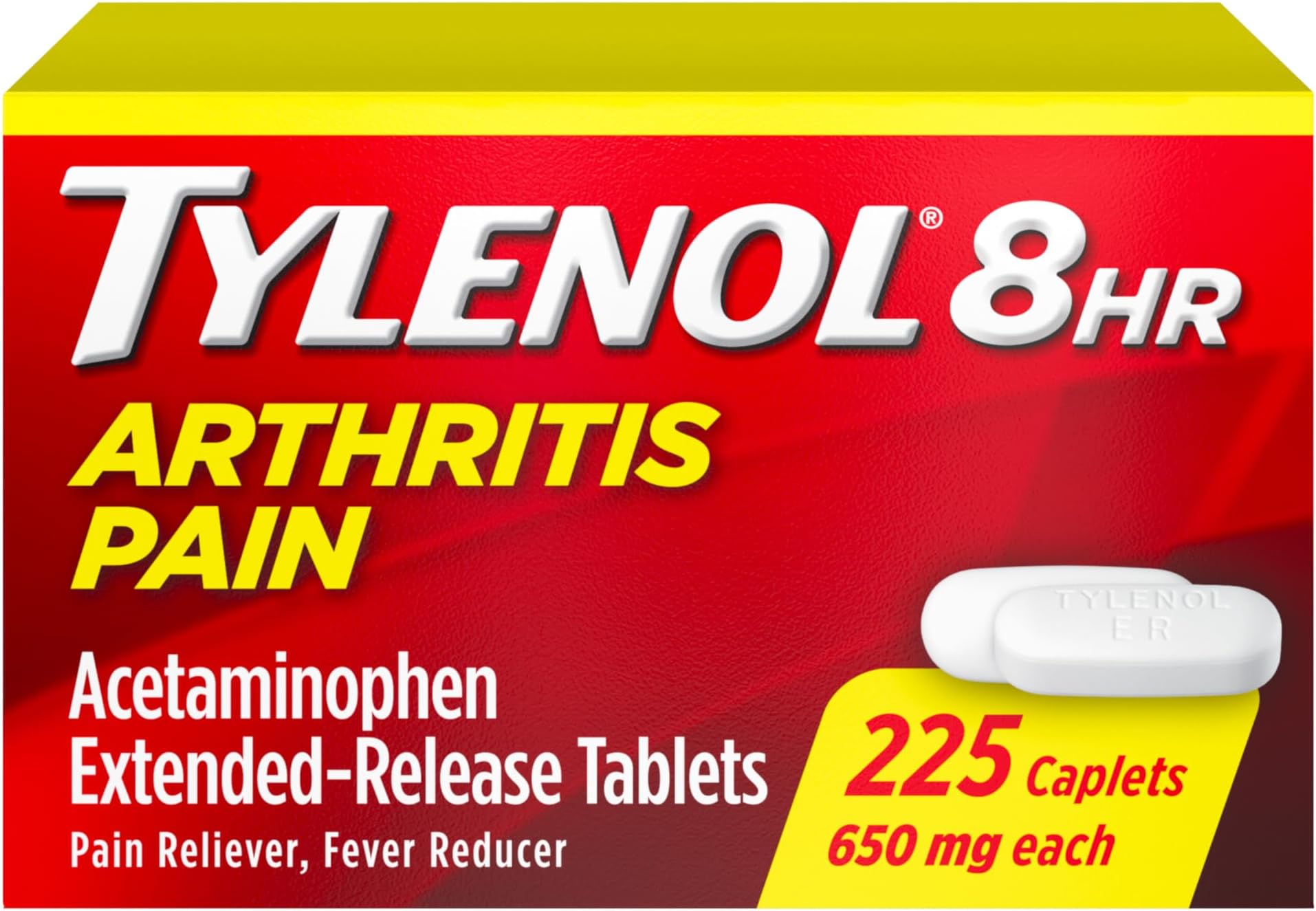 Tylenol Acetaminophen 650 mg Extended Release Caplets, Fast, Strong Pain Relief, 8 Hour Arthritis Pain Relief, Joint Pain Reliever & Fever Reducer, Long-Lasting Relief, Oral Medicine, 225 Count