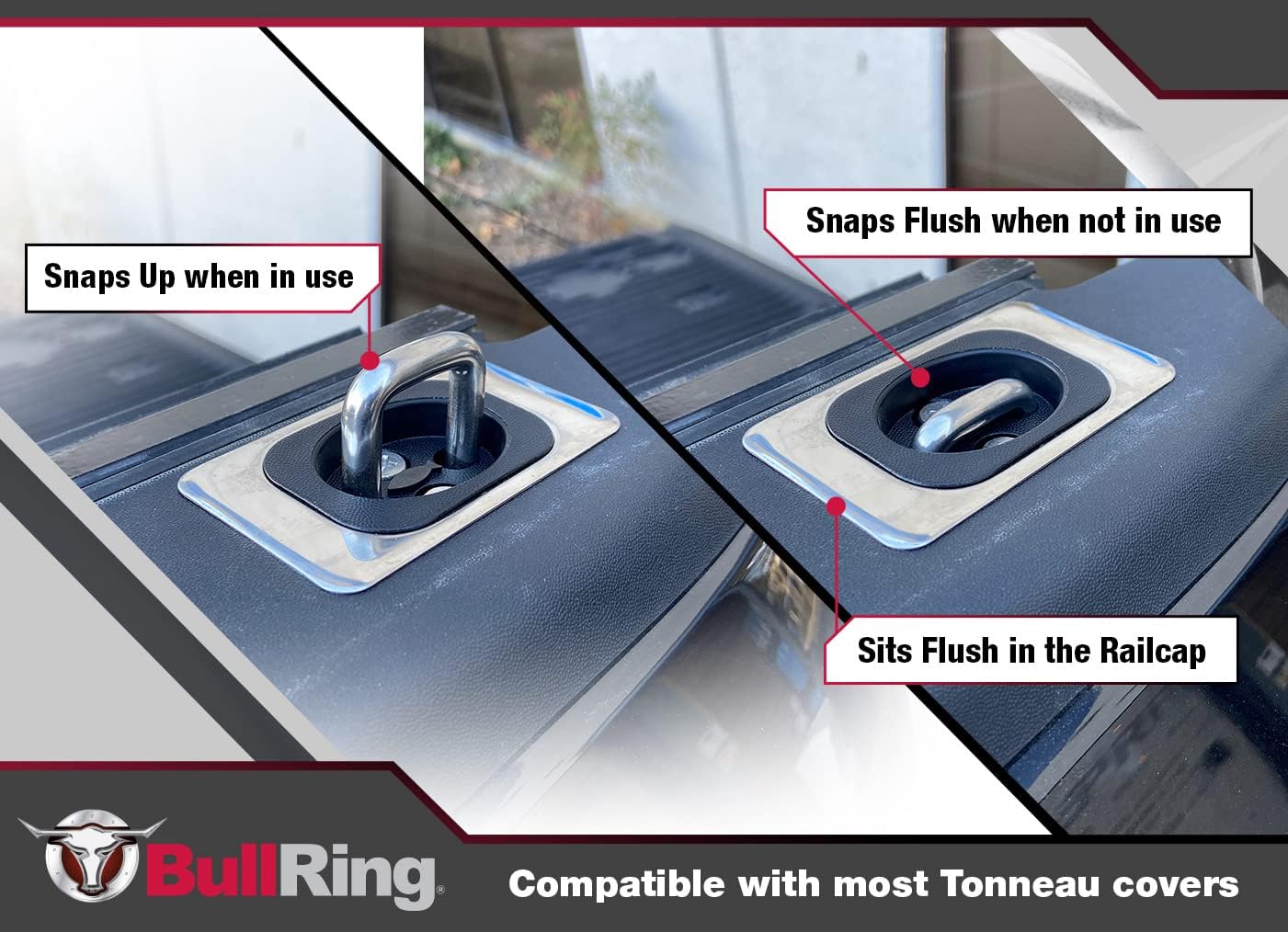 Bull Ring Flush Fit Retractable Truck Bed Tie Down Anchors for 2009+ Dodge RAM 1500, 2500 - (Rear Only) Dually RAM 3500 (Front & Rear) & 2014-19' Toyota Tacoma Crew Max, Modification Required (2 Pack) - Image 6