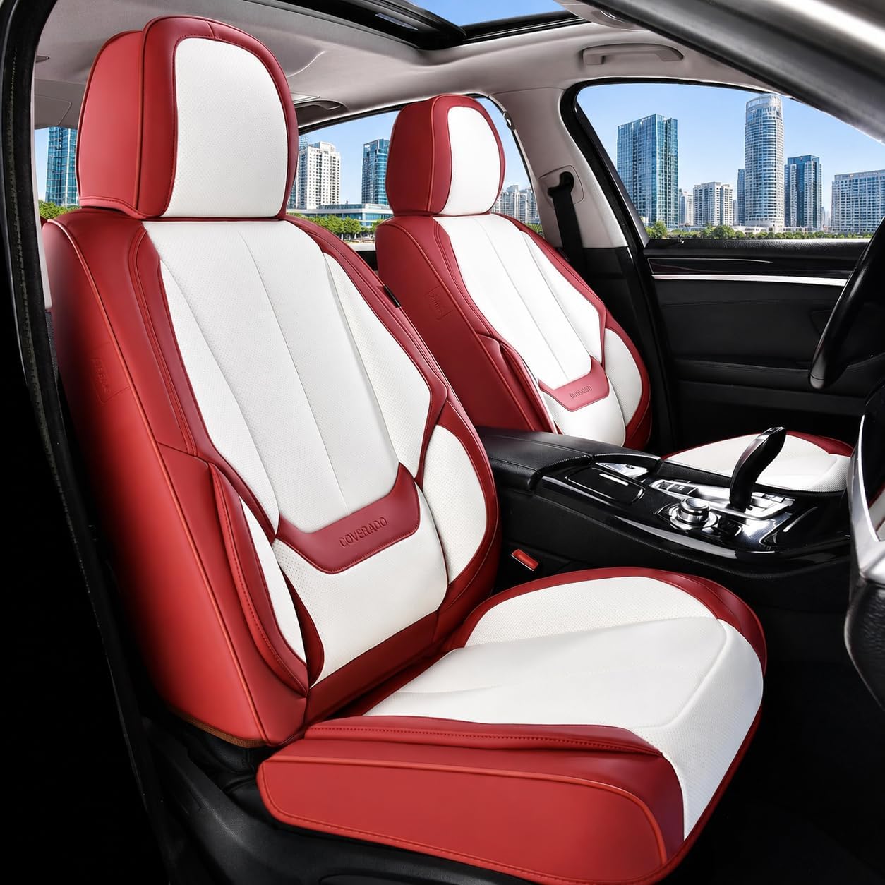 Coverado Front Seat Covers, Nappa Leather Seat Covers for Cars, Waterproof Seat Covers (Front, Red White)