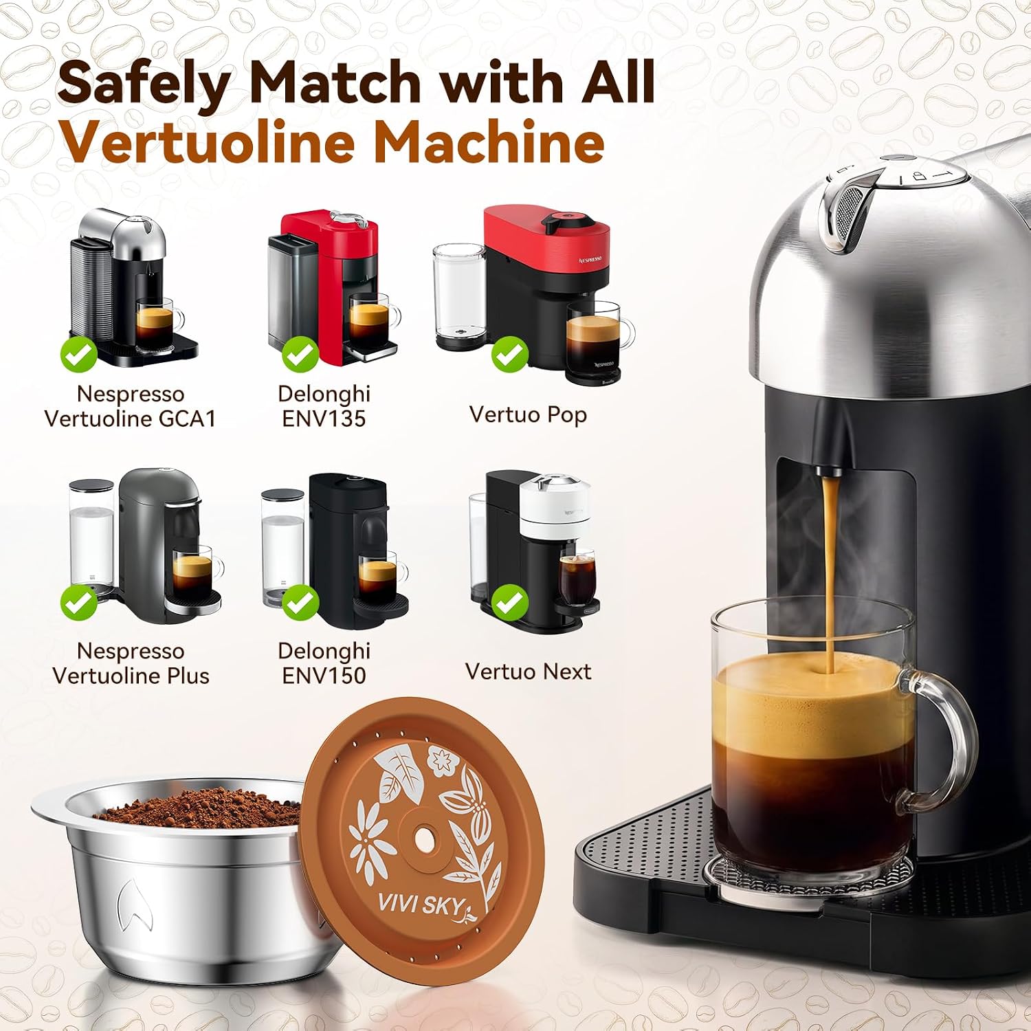 Reusable Coffee Pods for Nespresso Vertuo 8oz Rich Coffee, Machine Friendly