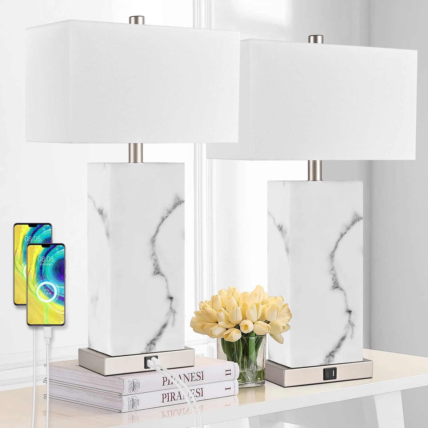 24” Black Touch Table Lamp Set of 2 with USB Ports, 3-Way Dimmable Bedside Nightstand Lamps for Bedroom Living Room End Tables, Night Stand Light Side Lamp Faux Silk Shade, Bulbs Included