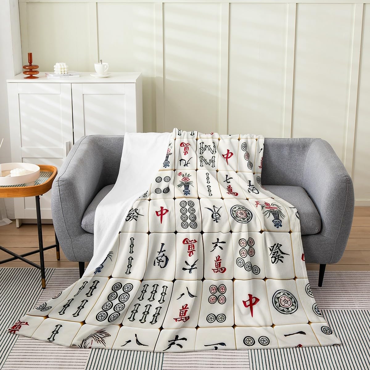 Cute Chinese Game Fleece Throw Blanket Mahjong Flannel Blanket Game Playing Bed Blanket for Couch or Bed Green Red Blanket Soft Warm Lightweight for