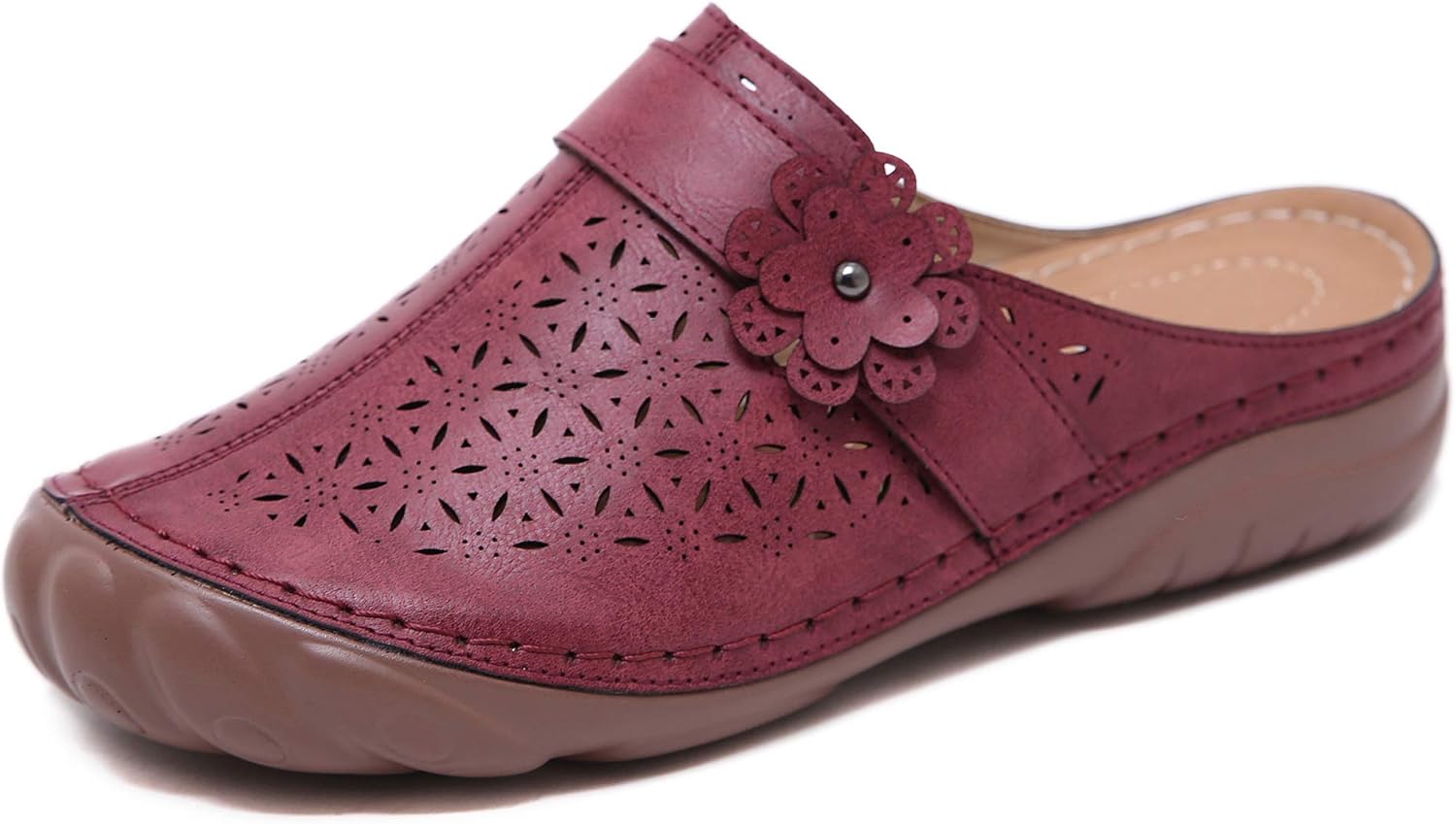 Womens Hollow Out Breathable Leather Flat Mules Summer Loafer Sandals Casual Low Wedges Walking Shoes