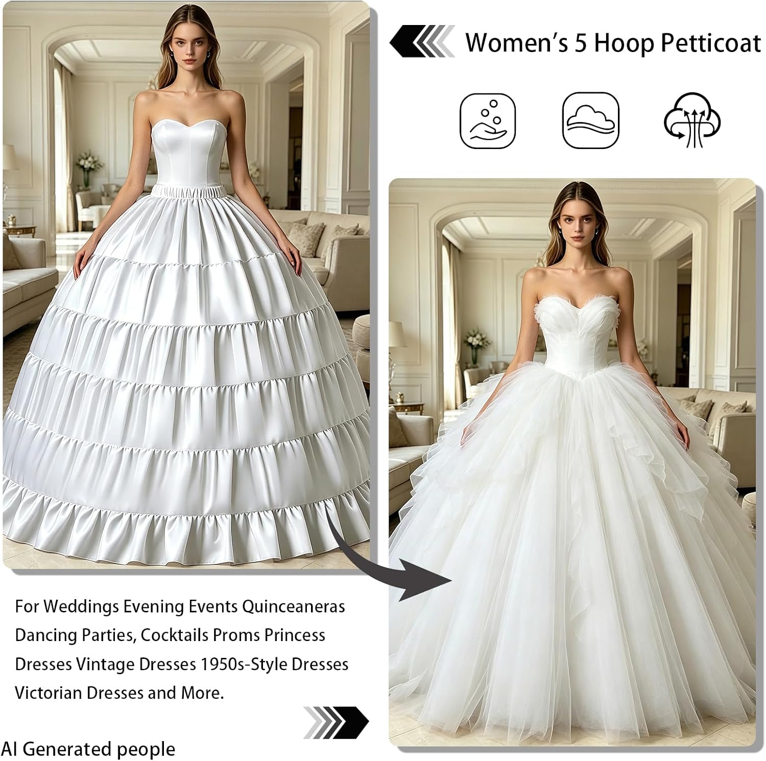 Women's 5 Hoop Petticoat Full A-line Crinoline Floor Underskirt | Women's Plus Waist Sizes Under Skirt Support Slips Single-Layer Voluminous Flared Silhouette for Bridal Dresses Prom Gown