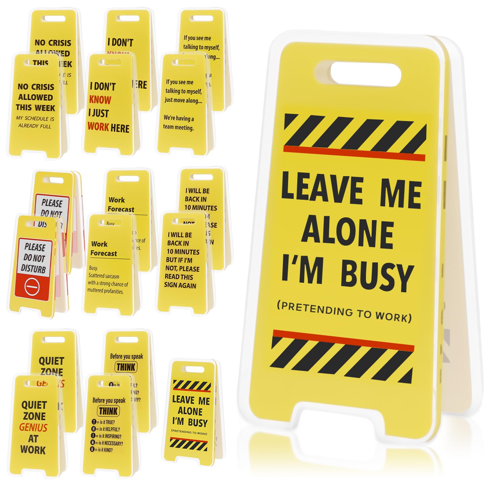 Yuekuntj Yellow 18Pcs Desk Sign With Sticky Notes, Funny Sticky Note Holder, Portable Mini Acrylic Message Board, Overstimulated Prank Caution Desk Sign, Acrylic Funny Memo Clip Stands For Coworker