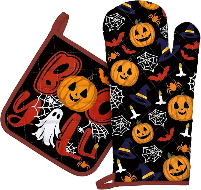 Halloween Pumpkin Oven Mitts and Pot Holders Sets 2Pcs, 100% Cotton Heat Resistant, Extra Long Oven Gloves Potholder for Kitchen Cooking Baking Decoration