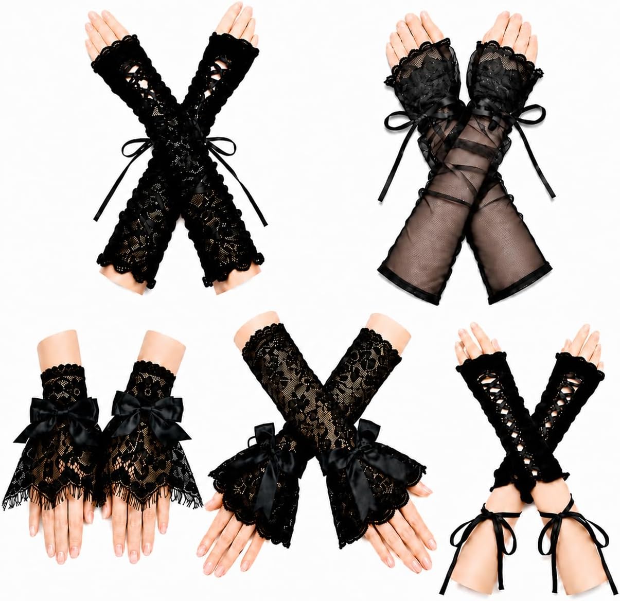 5 Pairs Women Lace Gloves Black Gothic, Fingerless Gloves with Floral Ruffle Bow Long Tulle and Sleeve, Elegant Glove for Tea Party Costume