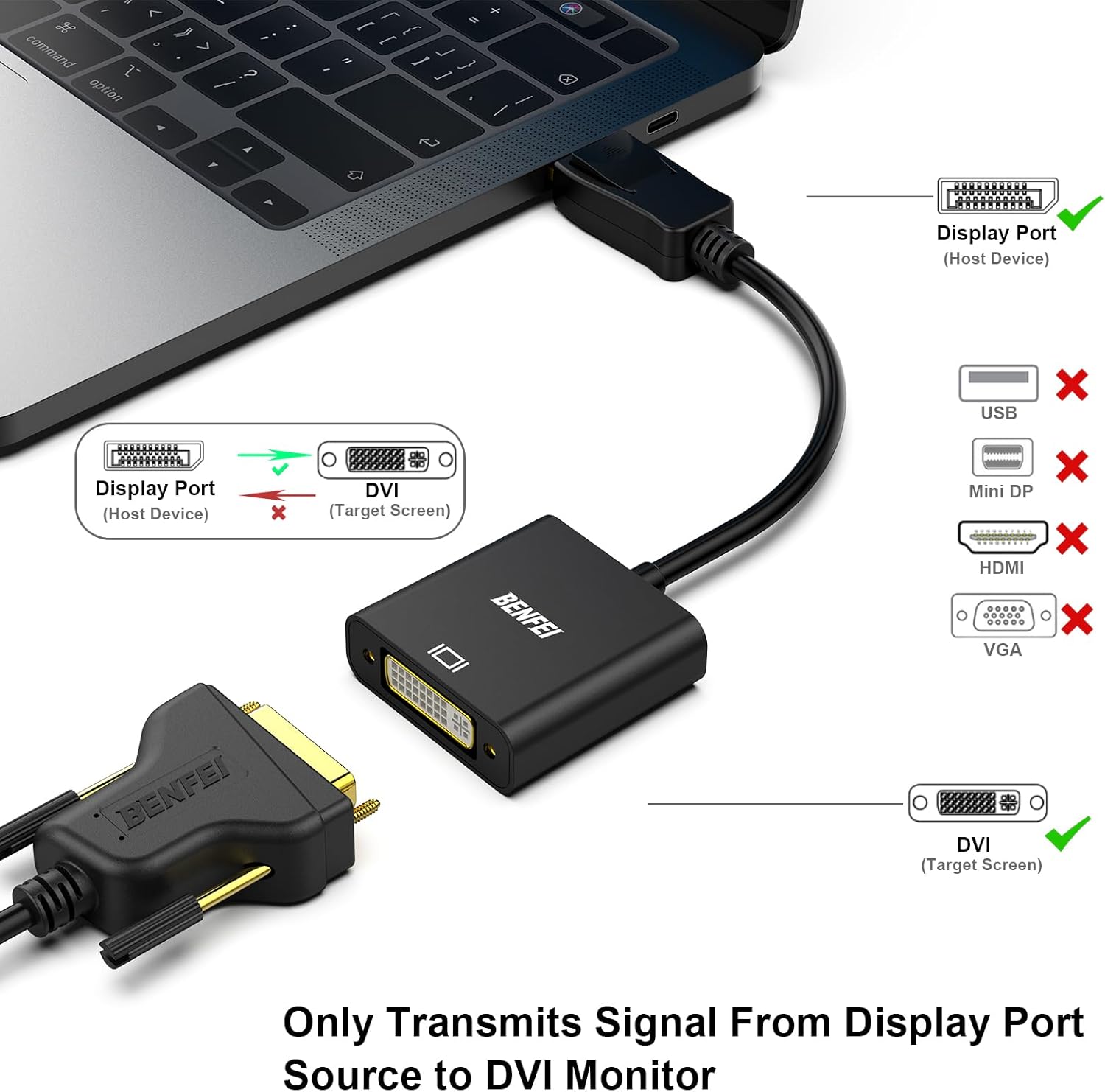 BENFEI DisplayPort to DVI, Gold-Plated DP to DVI Adapter (Male to Female) Compatible for Lenovo, Dell, HP and other brand