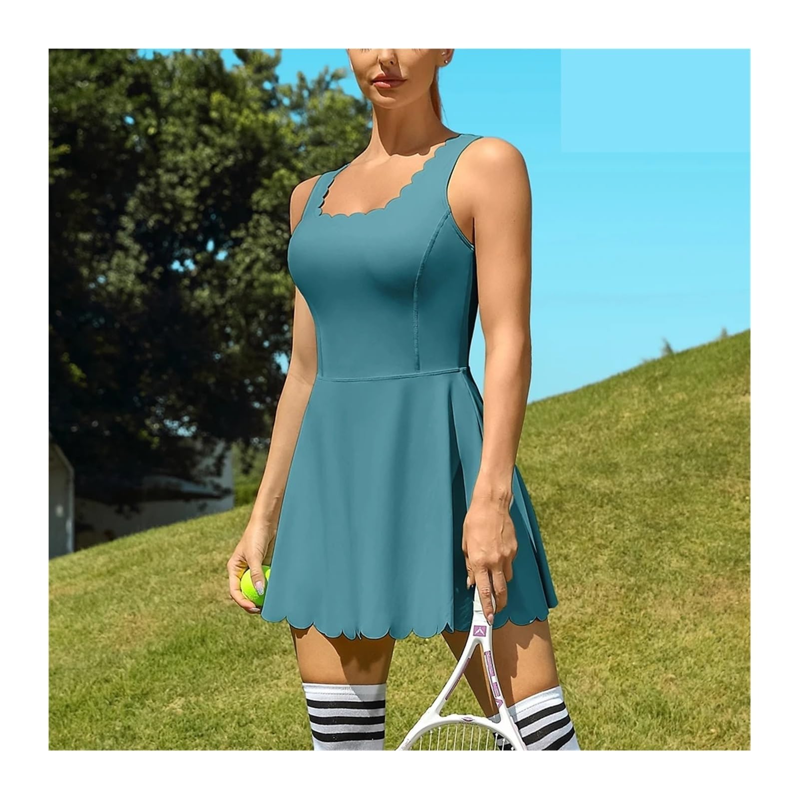 Vestido Tenis Mujer Vestido De Tenis For Mujer, Escote Festoneado, Diseño Espalda En V Acolchado Extraíble, Pantalones Cortos Separados con Dos Bolsillos Laterales, Golf