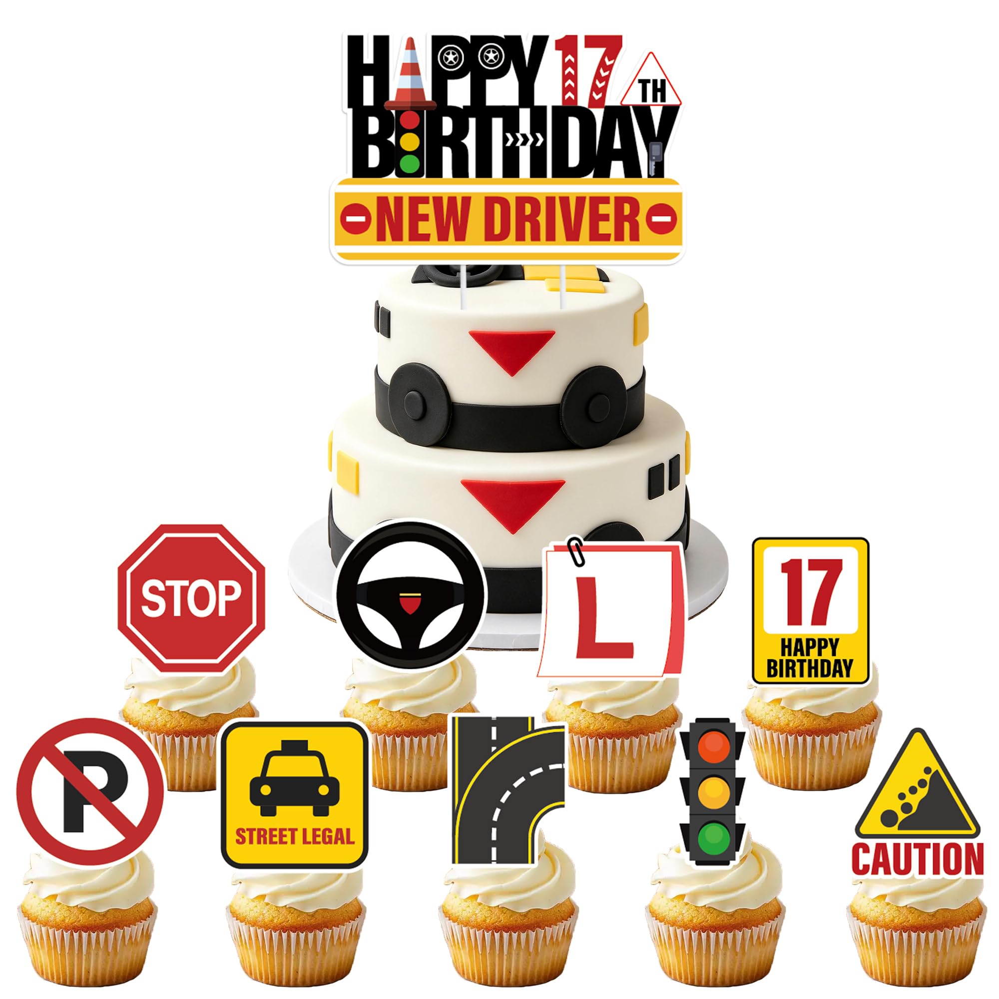 17th Learner Driver Birthday Decorations - 9Pcs 17 Year Old Driver Licence Cake Toppers Dvla Driving Traffic Signal, Car Road Signs Transportation Theme Party Supplies for New Driver 17th Birthday