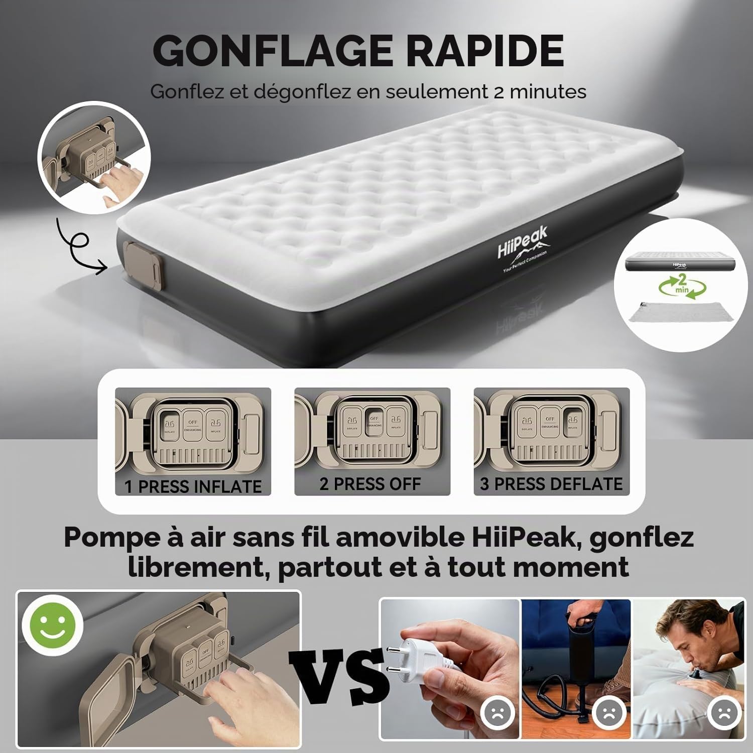HiiPeak TPU Matelas Gonflable 1 Place Autogonflant Pour invités et Camping – Lit Gonflable 1 personne Portable jusqu'à 300 kg avec Pompe électrique Rechargeable integrale sans Fil