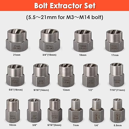 Miniatura 4 de THINKWORK Juego de extractor de tornillos dañados y extractor de pernos, 0.079-0.827in, removedor de tornillos pelados de 39 piezas, removedor de