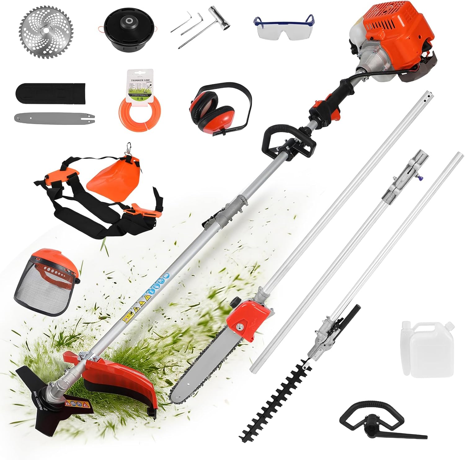 Gas Weed Eater, 52CC 2-Stroke 5 in 1 Full-Functional Petrol Hedge Trimmer, Straight Shaft String Backpack Weed Eater Chainsaw Brush Cutter Lawn Mower Grass Trimmer for Gardening Red