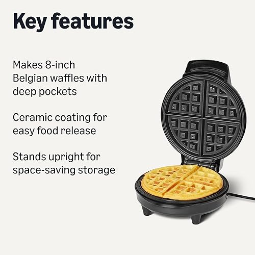 Miniatura 2 de Tienda Basics Waffle Maker belga con placa redonda antiadherente de cerámica de 8 pulgadas, control de marrón, negro