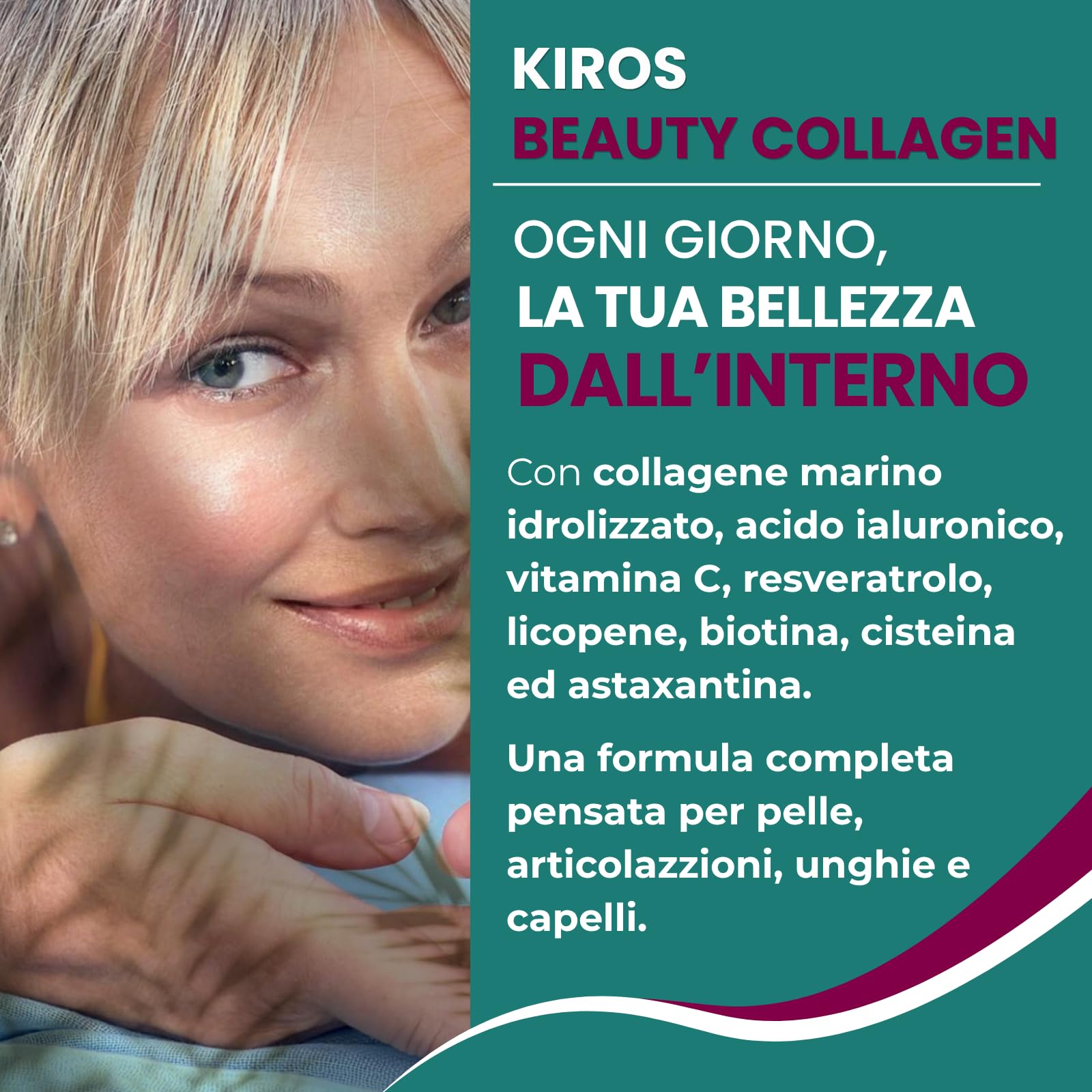 KIROS BEAUTY COLLAGEN – Collagene Marino Idrolizzato 10g con Acido Ialuronico, Vitamina C, Integratore Collagene per Pelle, Capelli e Unghie con Biotina e Zinco, 30 Bustine Gusto Amarena