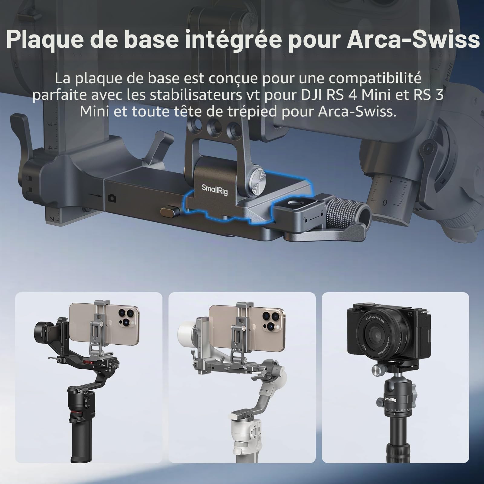 SMALLRIG Support de Téléphone Métallique avec Embase pour Arca-Swiss, Compatible pour DJI RS 4 Mini et RS 3 Mini, Adaptateur de Support Téléphonique, Support de Trépied pour iPhone 16/15 - 5338