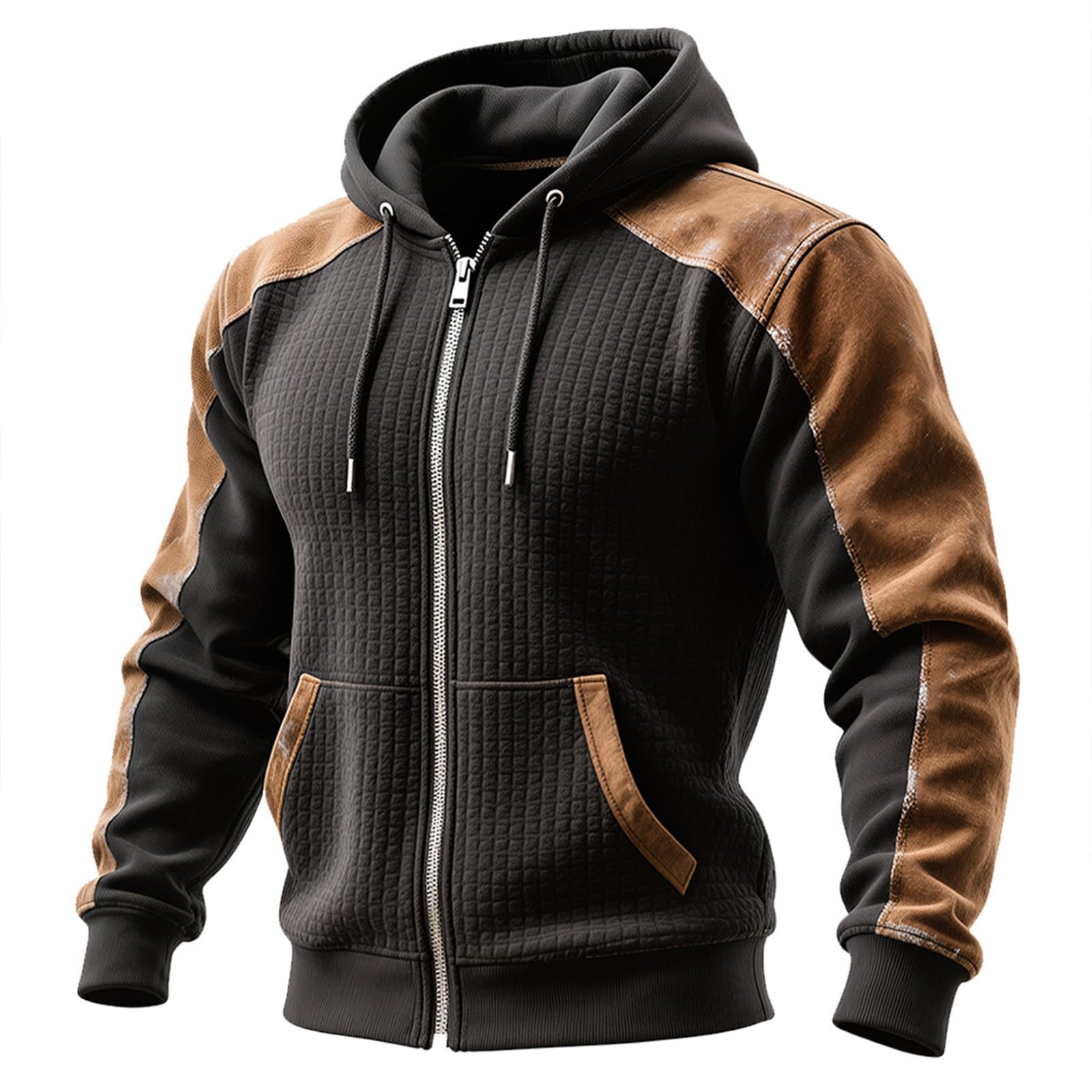Felpa con cappuccio da uomo con zip intera, casual, a blocchi di colore