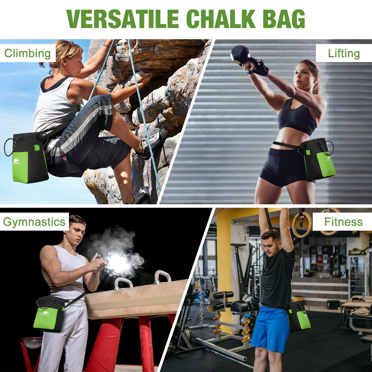 Rhino Valley Torba na Magnezję do Wspinaczki i Boulderingu (Chalk Bag)–Paskiem Regulowanym, Kieszeń na Zamek, Szerokie Otwarcie, Torba na Kredę Boulder, Gimnastyki i Fitness, Czarny/Zielony