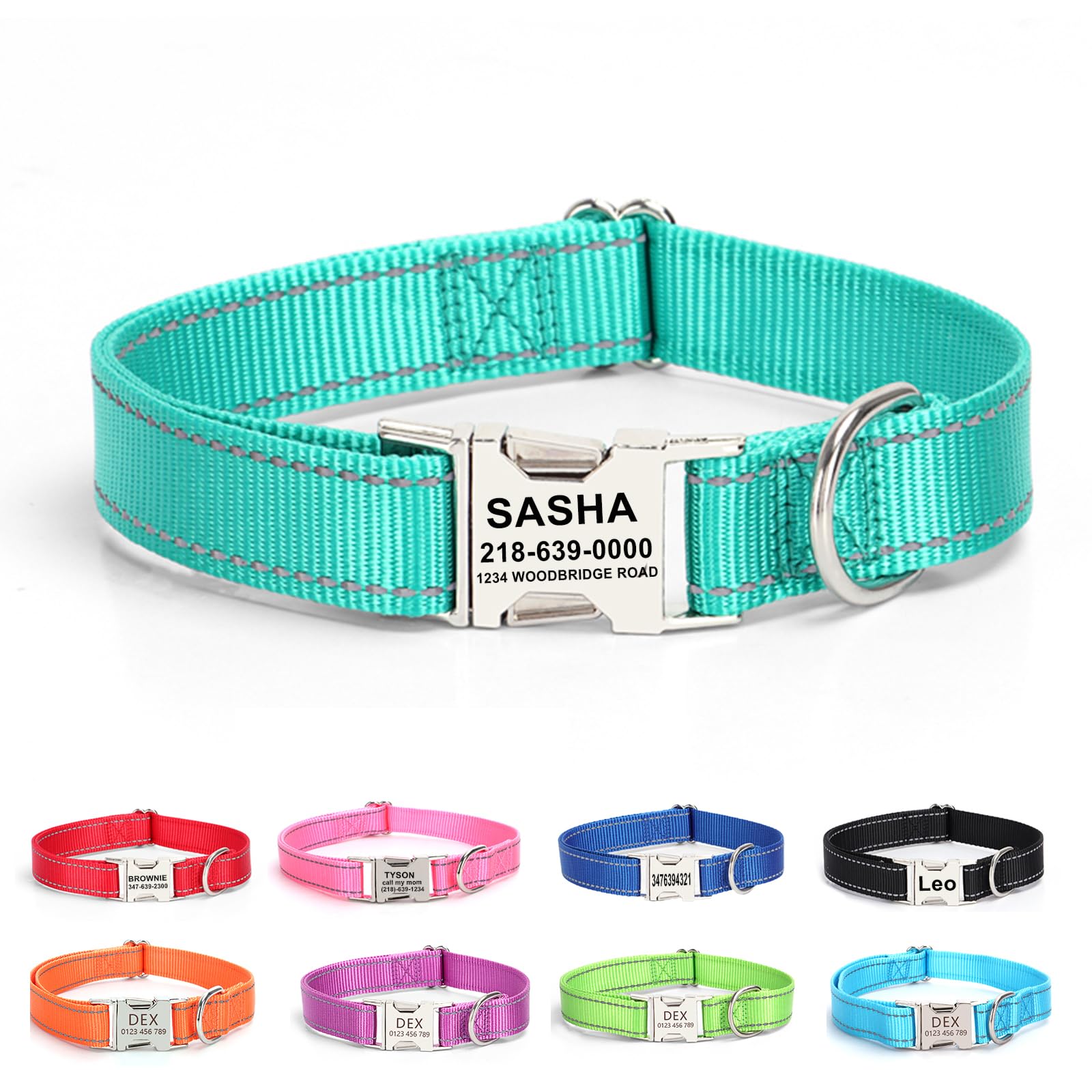 Personalized Dog Collar with Name Tag,Reflective Nylon Pet Collar,Custom Engraved Buckle Dog Collars,XS S M L XL Adjustable Pet Collar for Small Medium Large Dogs (Teal) — image 1