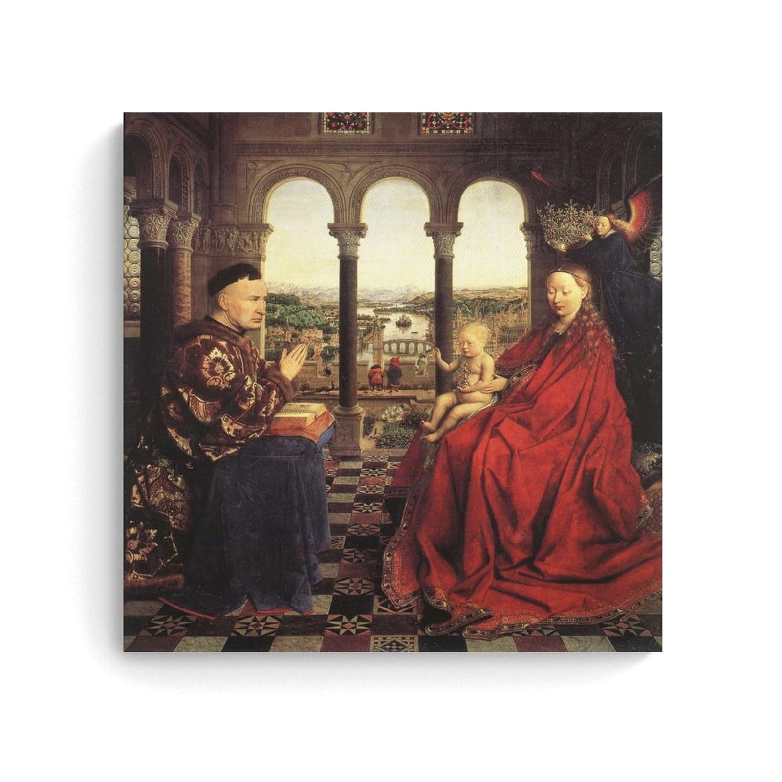 Wurbu Unframe-Style Jan Van Eyck Painter Works《The Virgin And Chancellor Rolin》Printed Posters Artworks Picture Print Wall Art Painting Canvas Gift Decor Homes Decorative 16X16inch(40X40cm)