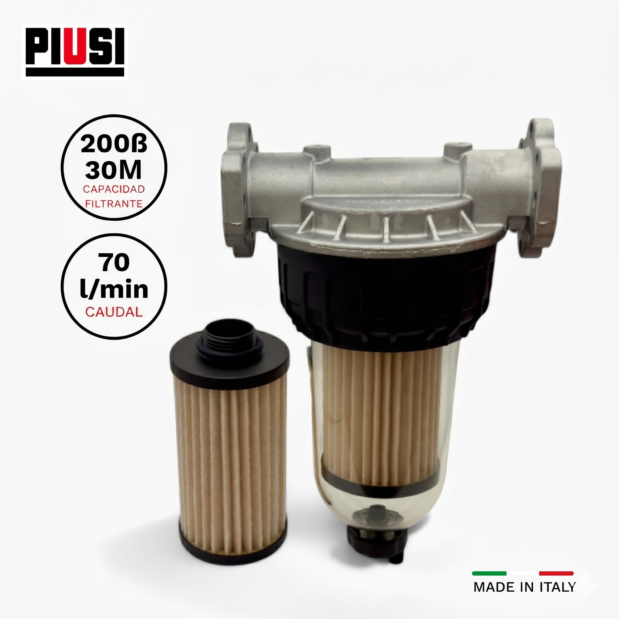 Filtro PIUSI para Diésel, Gasolina y Aceite, Kit Completo con Soporte de Cabeza + 2x Cartuchos, Caudal 70 l/min, Presión 5 bar, Filtración Absorbente de Agua de 30 micrones | Clear Captor F00611B10