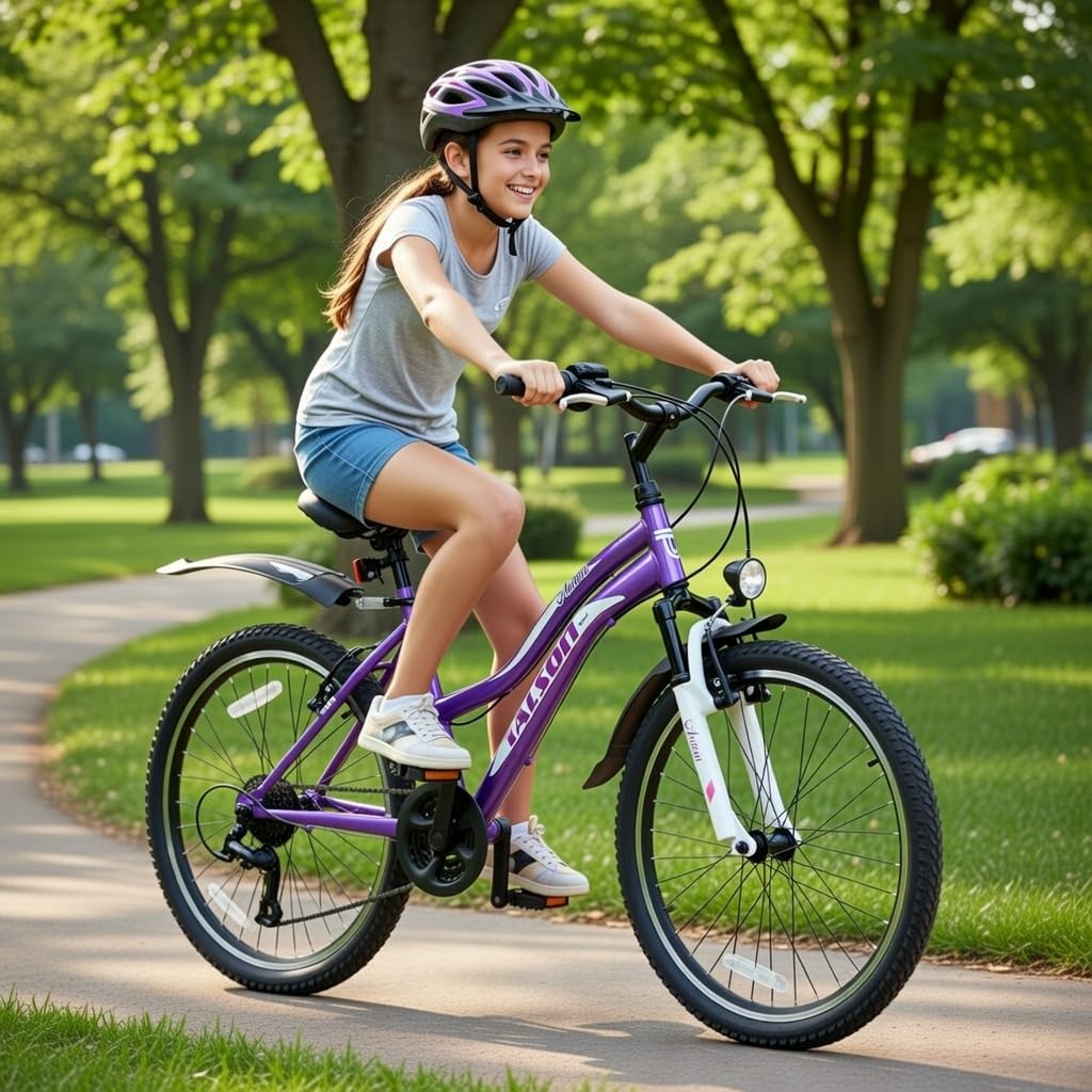 Talson 24 Zoll Mädchen Fahrrad MTB mit Beleuchtung und Shimano 21-Gang Kinderfahrrad Lila