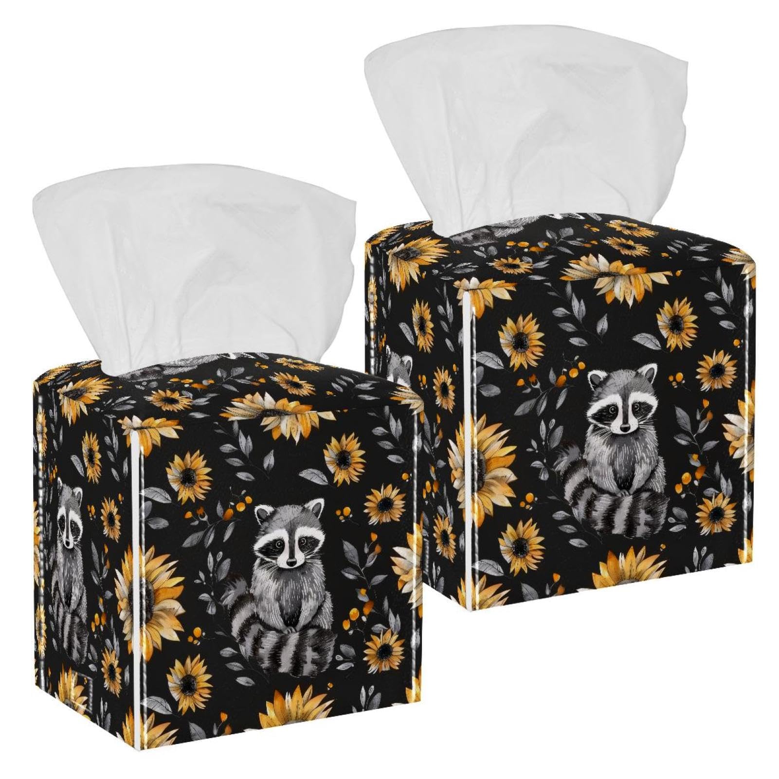 Raccoon Tissue Box Cover, 2 Pack PU Leather Square Facial Tissue Dispenser Box holder for Home Office Car