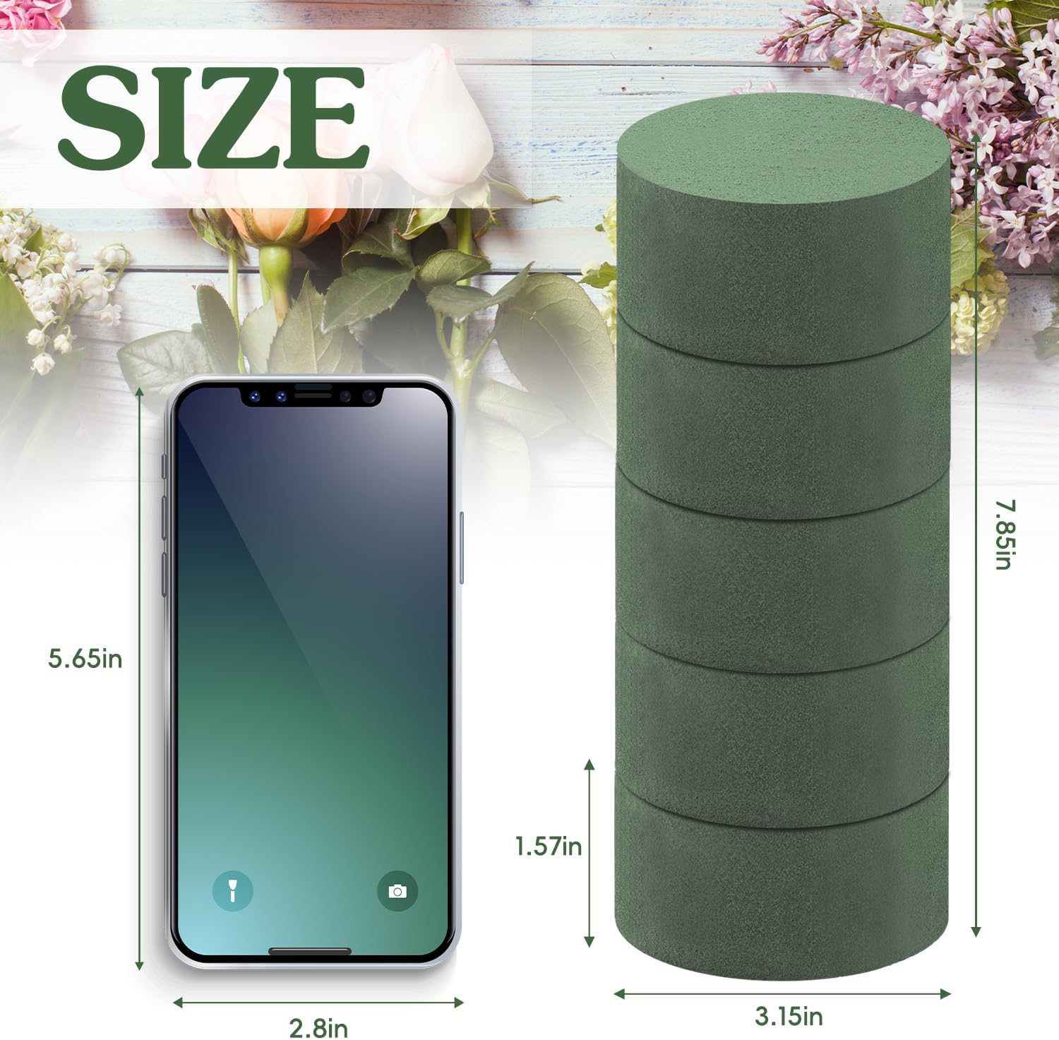 Floral Foam,5 Pcs Green Round Wet & Dry Floral Foam Blocks Florist Plant Foam for Fresh and Artificial Flowers,Garden Decorations and Wedding Home Decor,Each(3.15” L x 3.15” W x1.57 ” H)