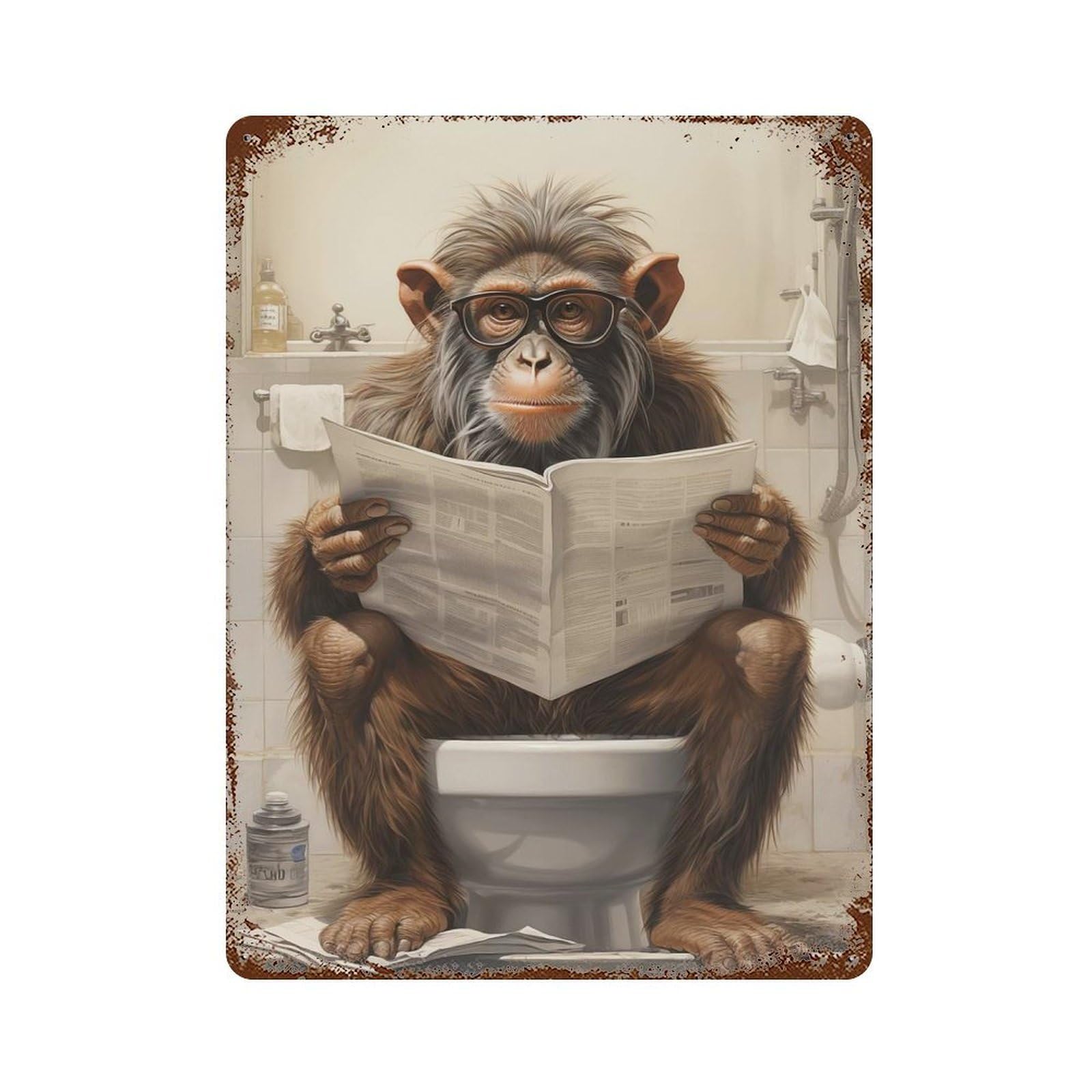 Monkey on Toilet Aged Metal Wall Plaque 15.7"x11.8", Industrial Home Decor for Pub, Kitchen And Man Cave Decor