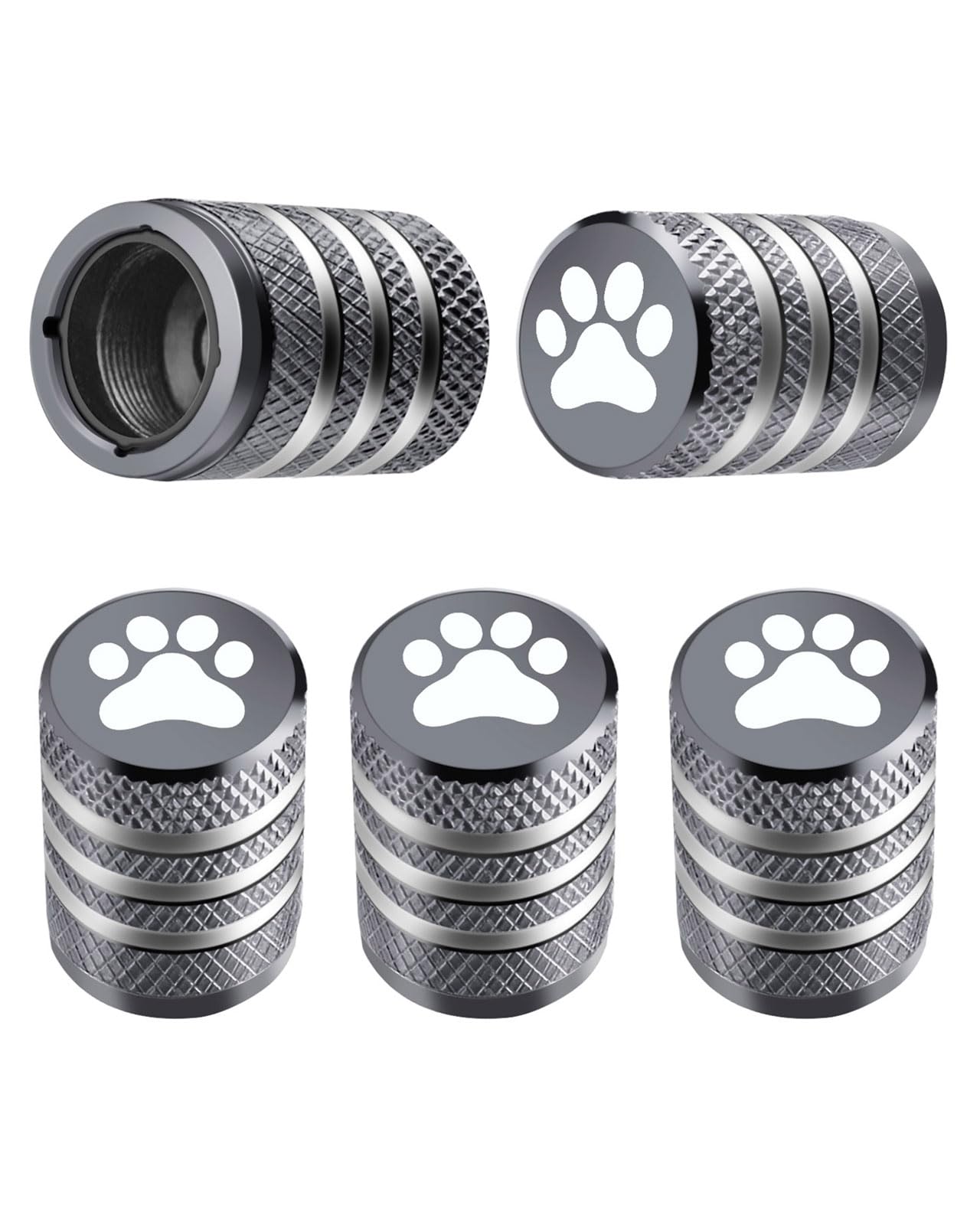 DECURCAR Tire Valve Stem Cap Cover - (5 Pack) Tire Air Caps Metal with Plastic Liner Corrosion Resistant Leak-Proof Cat/Dog Paw for Car Truck Motorcycle Bike Grey