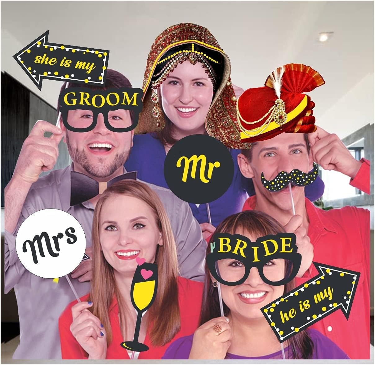 Photo Booth Props for Wedding Marriage Ceremony Engagement Party Bride Groom Theme Photoshoot Accessories for Adults (Pack of 18, Multicolor) by Indian Collectible