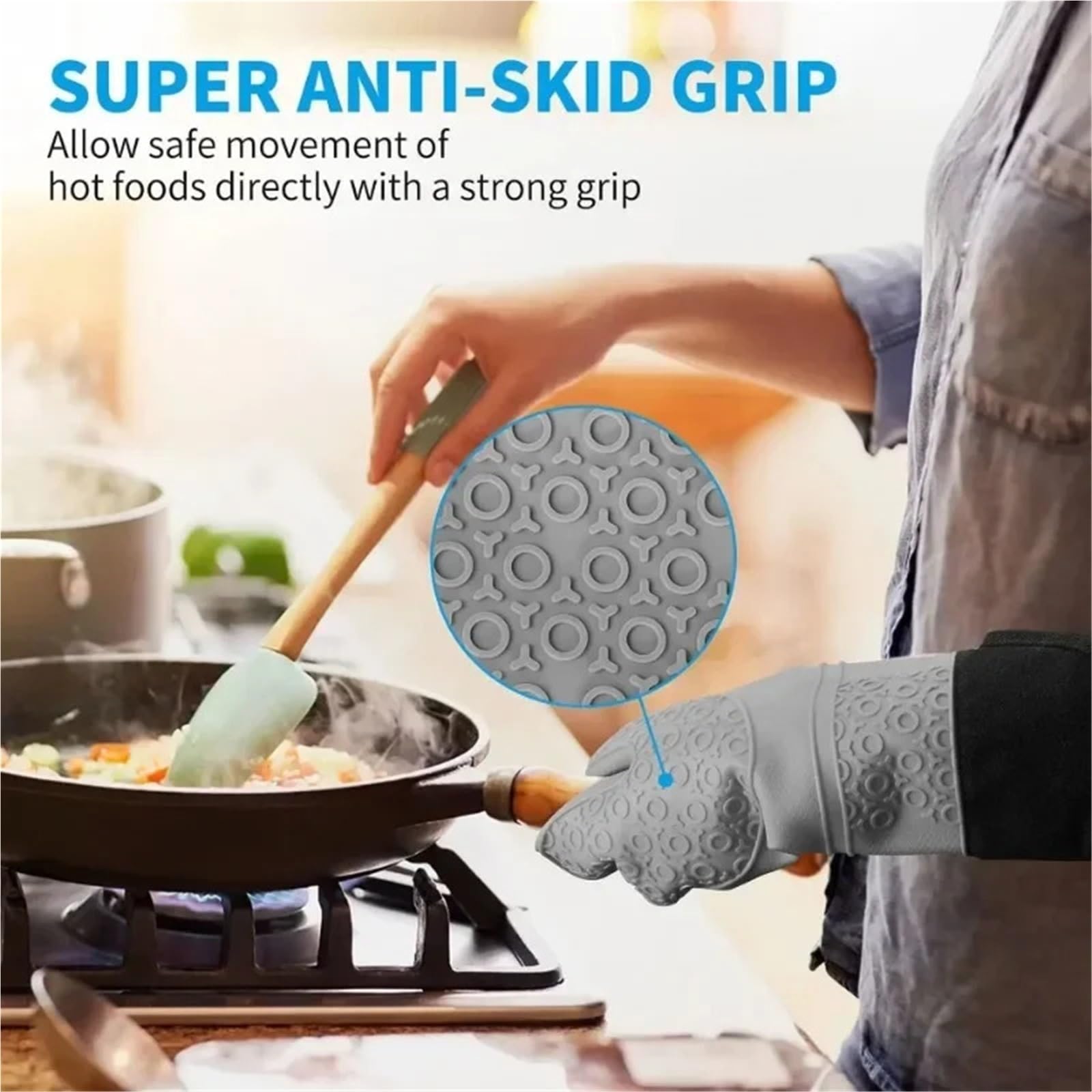 Juego de Manoplas y agarraderas for Horno Extra largas, Guantes Cocina Silicona Resistentes al Calor, Almohadillas Calientes(Gray)