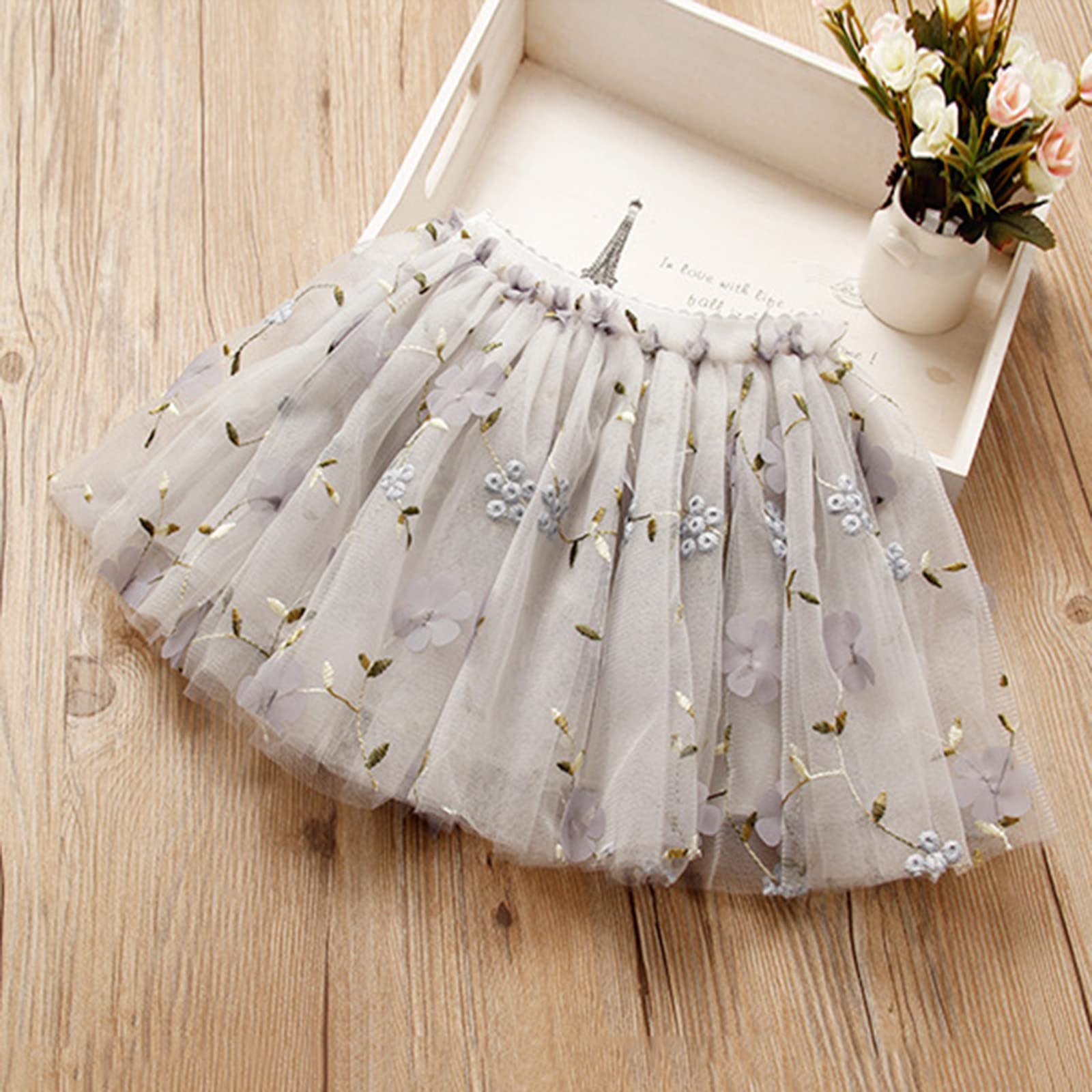 Toddler Girls Layered Tutu Tulle Skirt Baby Girls Mesh Soft Fluffy Tutu Skirts Flower Embroidered (Grey, 2-3 Years)