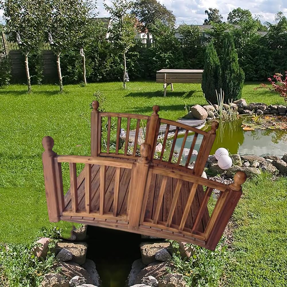 Karbonisierte Massivholz-Gartenbrücke, Verdickte Holzbogenbrücke Mit Sicherheitsgeländer, Natürlicher Geschwungener Gehweg, Braun