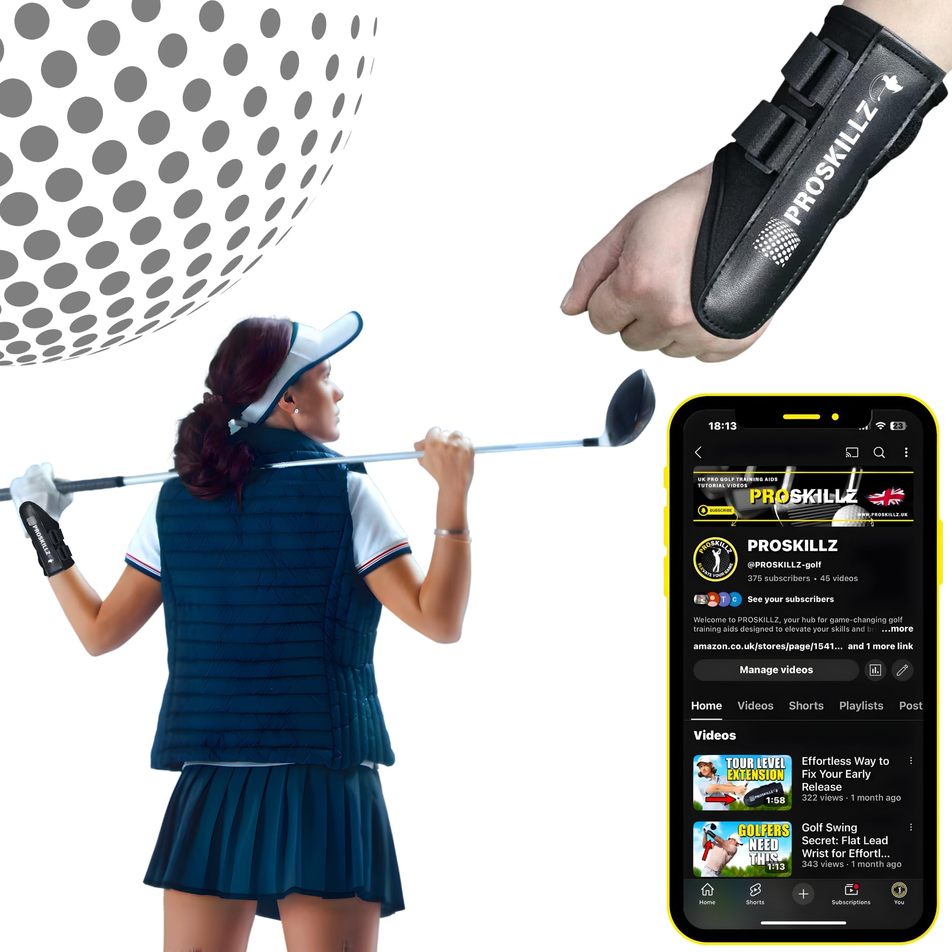 PROSKILLZ UK PRO Golf Wrist Brace – Adjustable Wrist Training Aid for Correct Swing Posture, Muscle Memory & Stability – Support for Senior, Beginner, Left & Right-Handed Golfers (S/M)