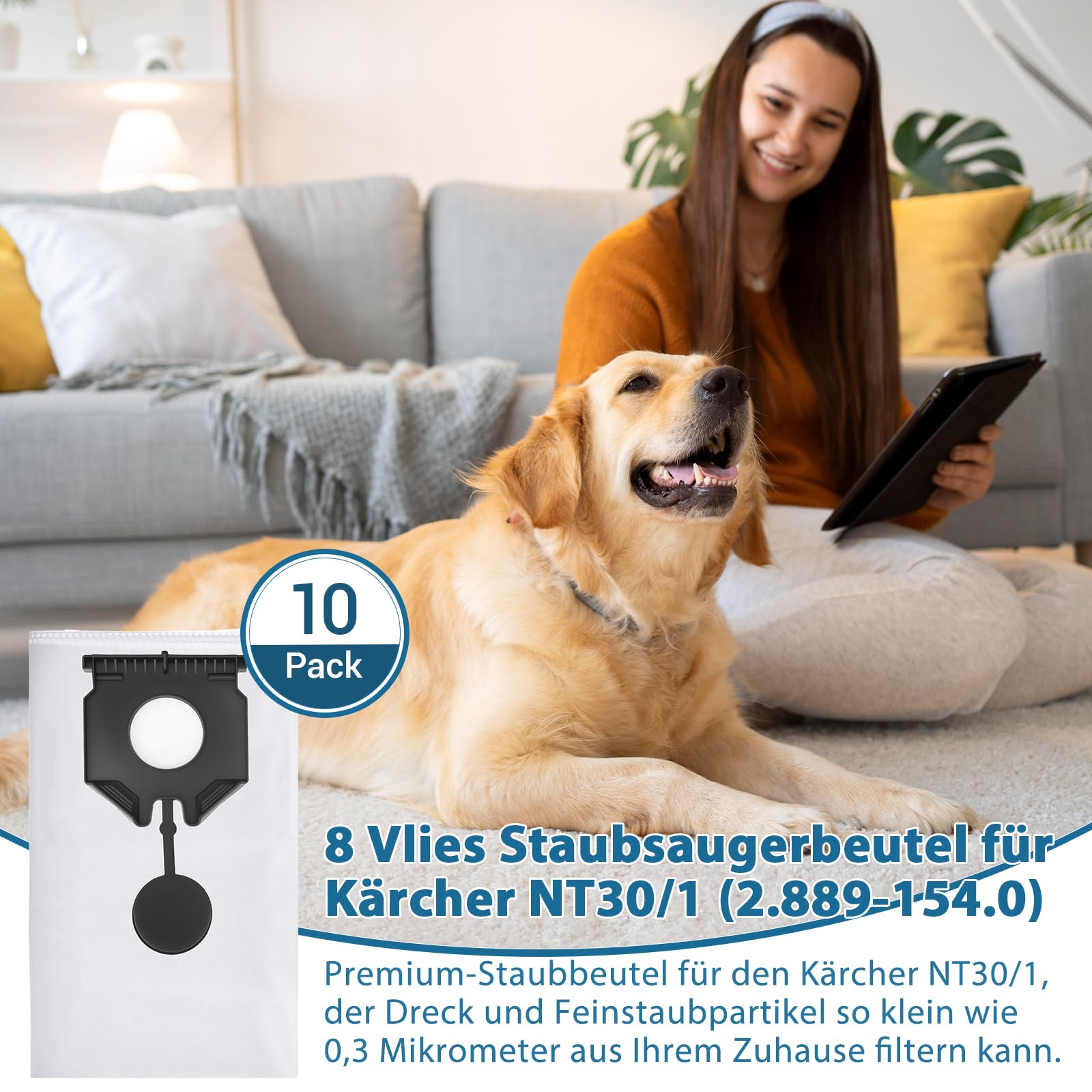 10 Stück Staubsaugerbeutel für Kärcher NT 30/1 Ap Te L NT 30/1 Ap L NT 30/1 Tact L NT 30/1 Tact Te L, NT 40/1, NT 50/1, 30 L Ersatzteile Vliesfiltertüten für Kärcher (2.889-154.0) Nass-/Trockensauger
