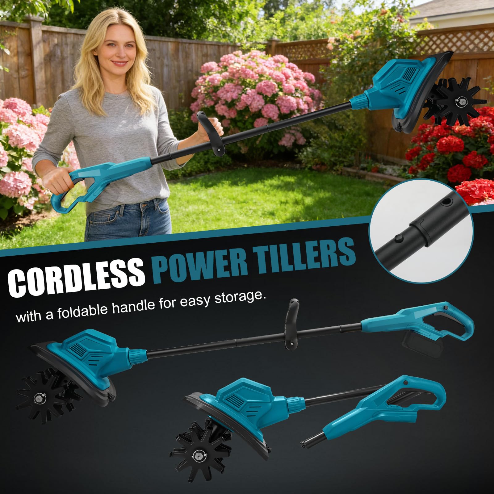 Motoazada para huerto, azada eléctrica, para Makita 18V batería | profundidad de trabajo de 18 cm, Ancho de Trabajo de 20 cm, Velocidad de 387 RPM, Mango ergonómico, para Cultivo de jardín