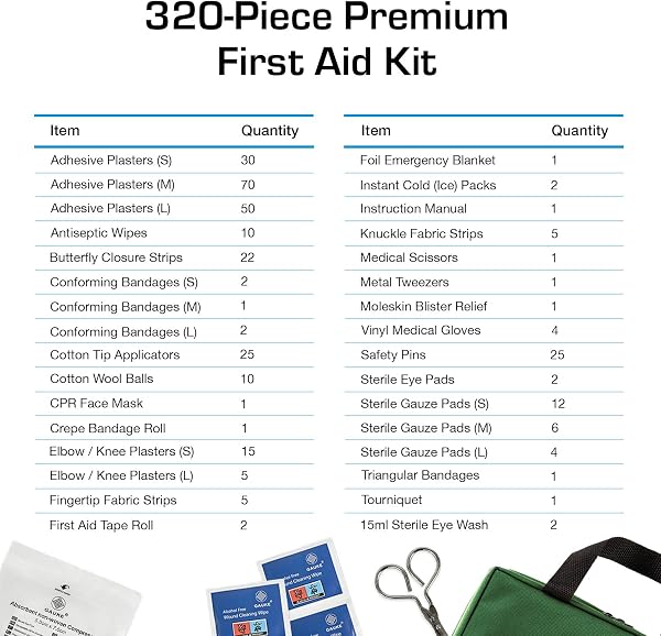 320 Piece Premium First Aid Kit Bag - Includes Eyewash, 2 x Cold (Ice) Packs and Emergency Car Blanket for Home, Office, Caravan, Workplace, Travel - 3