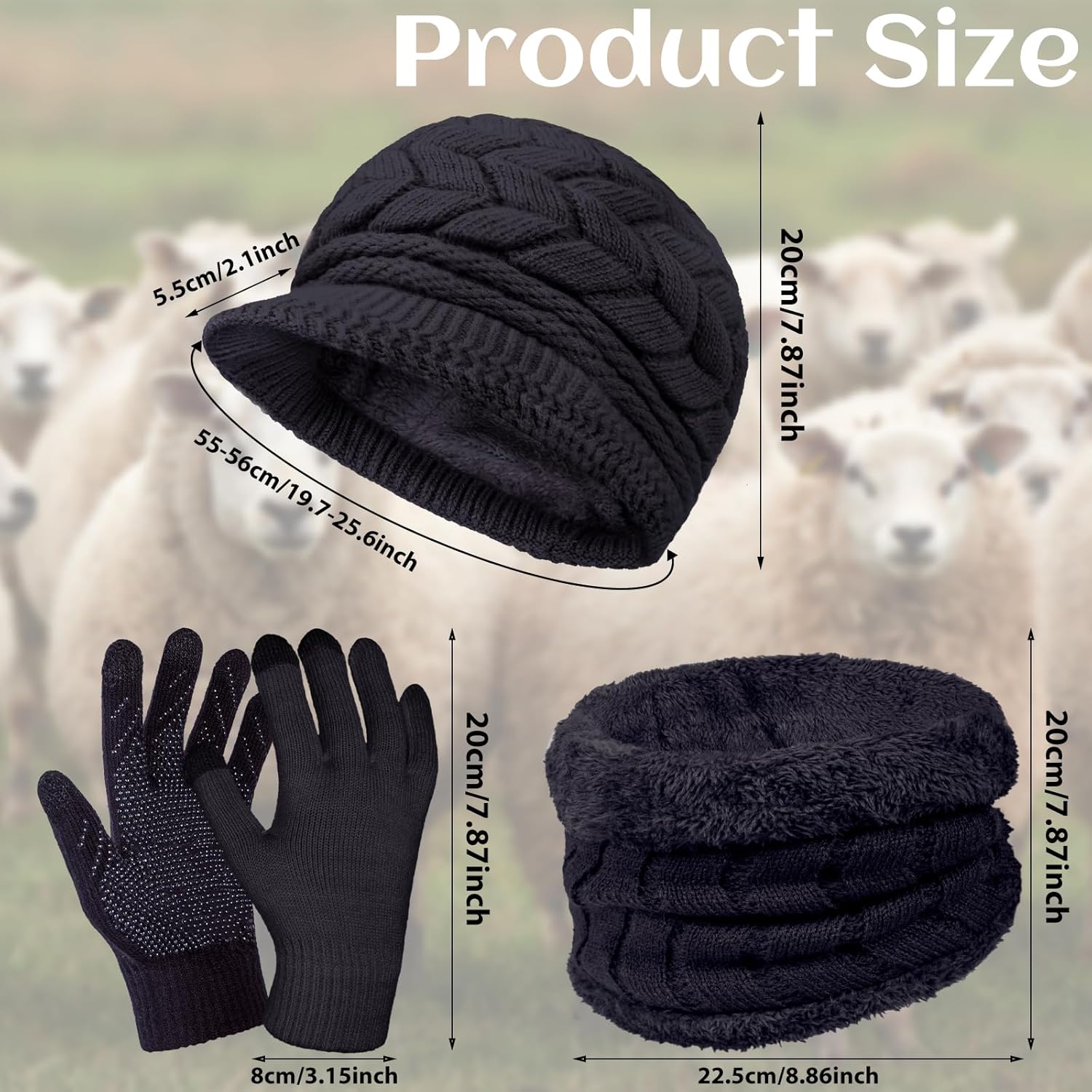 3-Pieces Winter Hat Gloves Scarf Set, Knit Warm Beanie Hat Neck Warmer Touch Screen Mittens for Women - Image 3