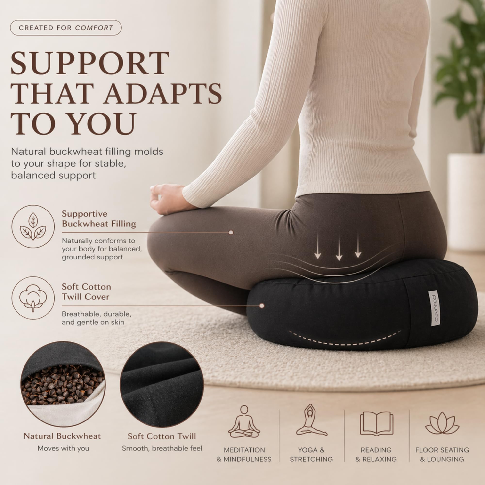 ANGORA BRANDS Cuvered - Cojín de meditación, almohada de suelo para meditación, cojín versátil, cojines elegantes, accesorios de meditación, almohada de meditación