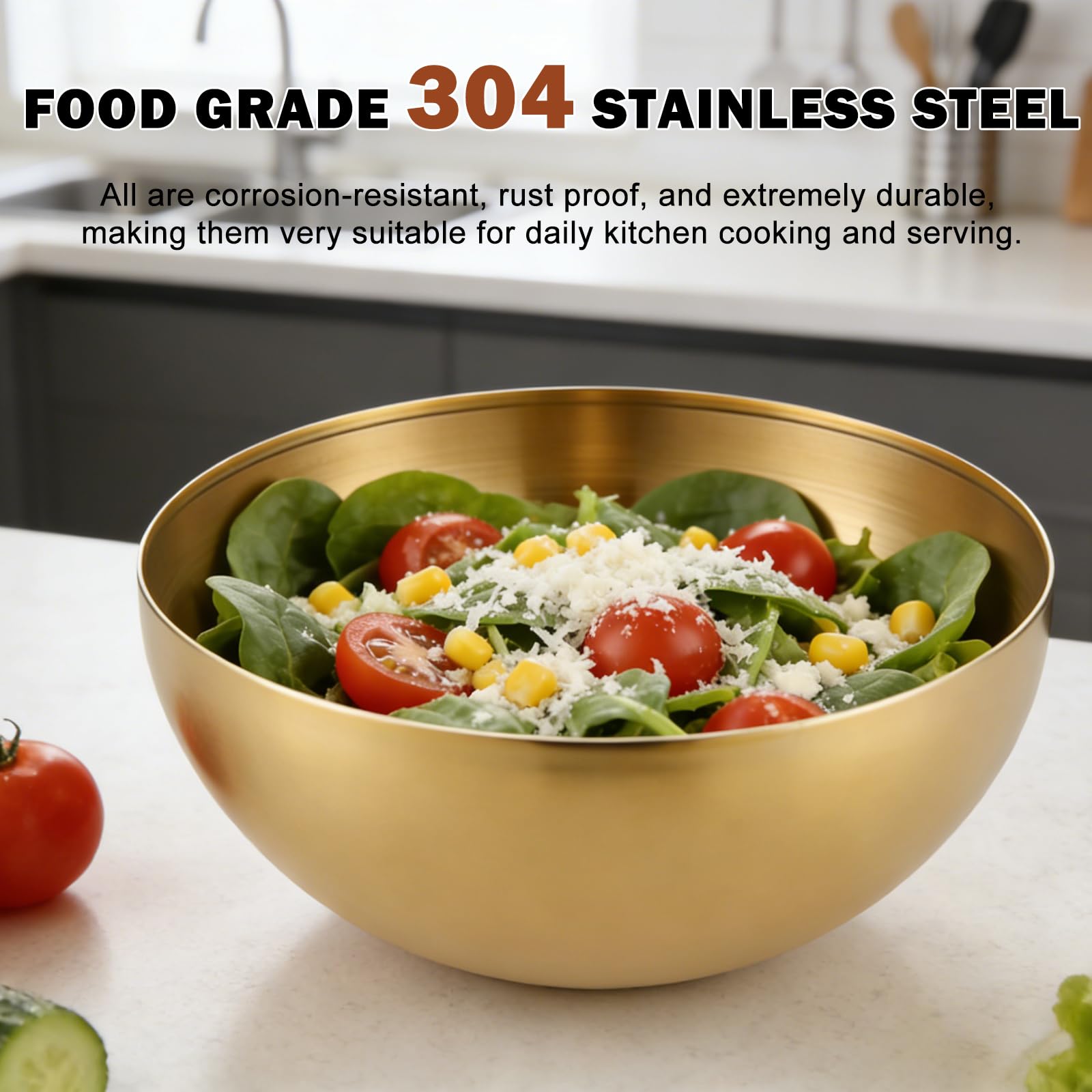 3 ciotole di riso in stile coreano dorato: piccole ciotole dorate in acciaio inox, per insalate, pasta, zuppe, riso, frutta (15 cm, 20 cm, 25 cm)