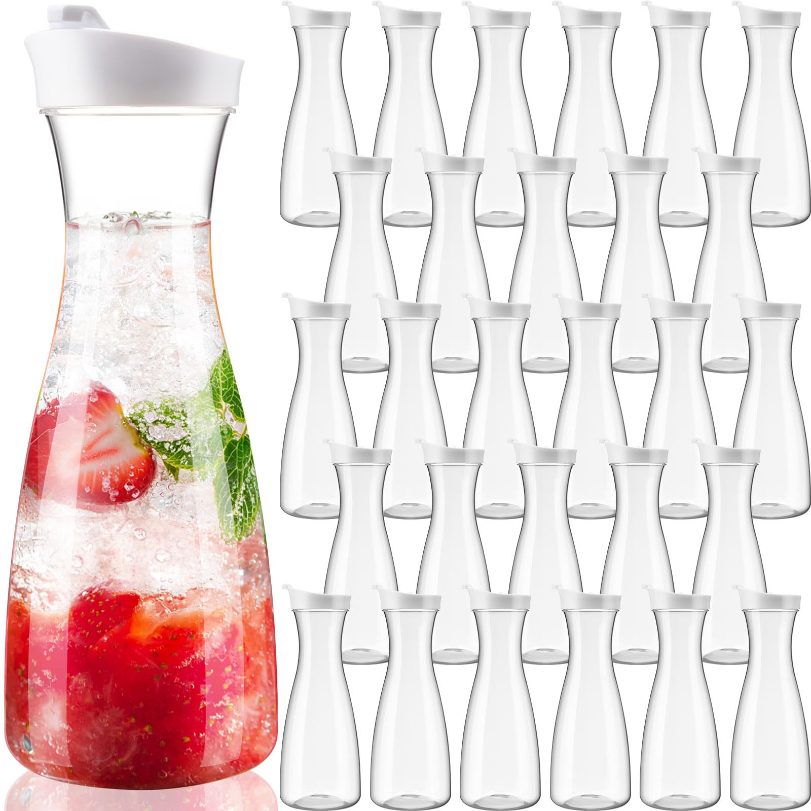 30 Packs Plastic Carafe with Lids, 34 oz Clear Mimosa Juice Containers, Acrylic Beverage Carafe Pitcher Drink Containers for Fridge Outdoor Iced Tea Juice Party Mimosa Bar(Trendy)