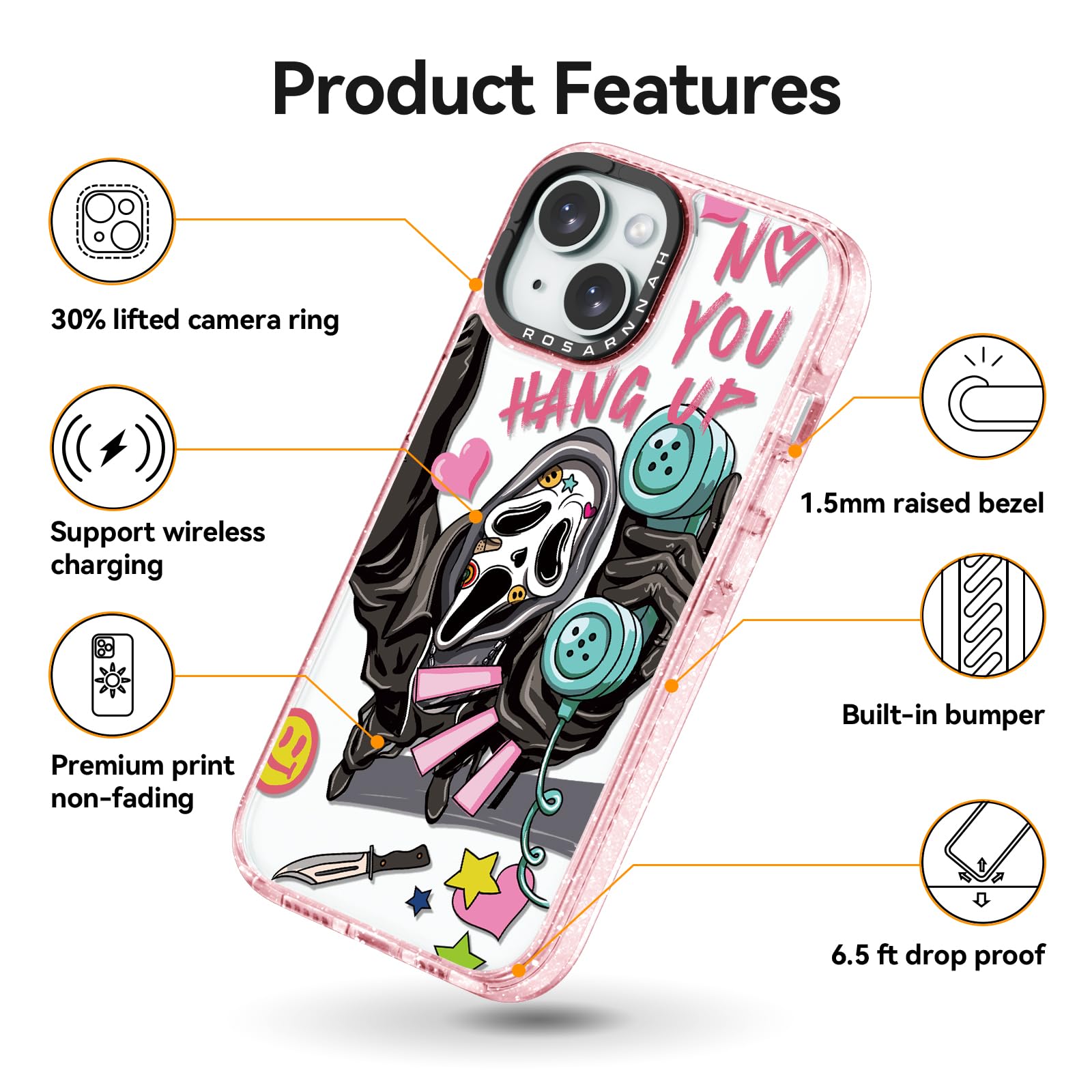 Rosarnnah Bonita funda compatible con iPhone 15, duradera, a prueba de golpes, caída de 6.5 pies, divertido diseño de esqueleto de grito de Halloween para iPhone 15 de 6.1 pulgadas, rosa brillante