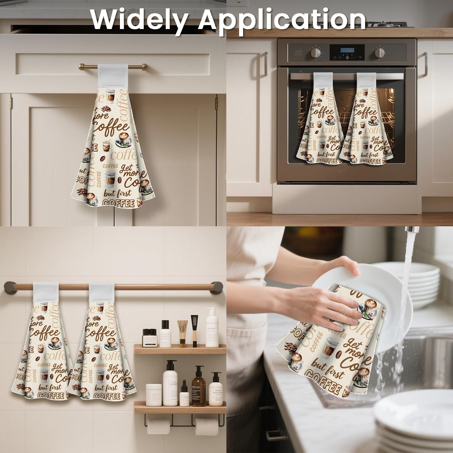 CUTHOLLOW Coffee Retro Hanging Kitchen Towels with Loop, Set of 2 - Soft & Super Absorbent Microfiber Decorative Hanging Dish & Hand Towel, Tea, Coffee Towel for Kitchen Bathroom Oven Handle