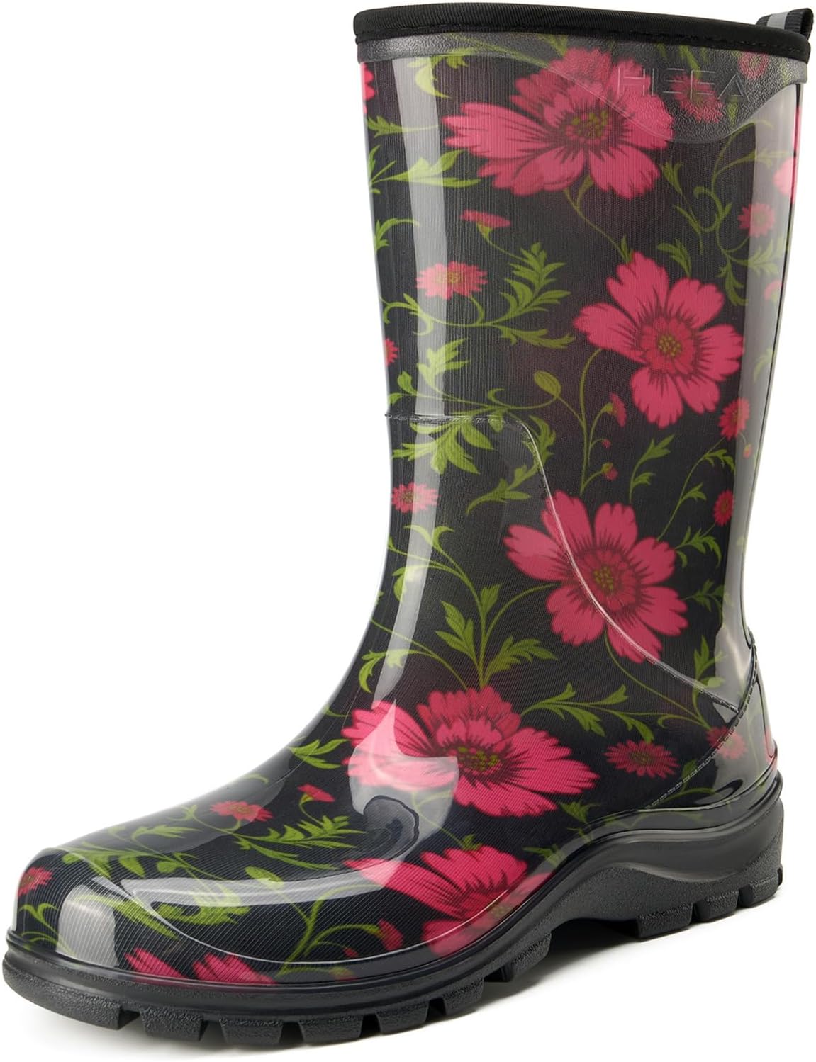 HISEA Women's Garden Boots, Upgraded Wide Round Toe Mid Calf Waterproof Rain Boots, Non-Slip PVC Mud Boots for Outdoor Farm Work & Gardening