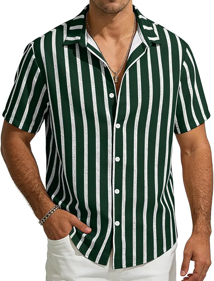 Mens Linen Shirt Button Down Short Sleeve Casual Beach Shirts Striped Shirts for Men Summer Vacation