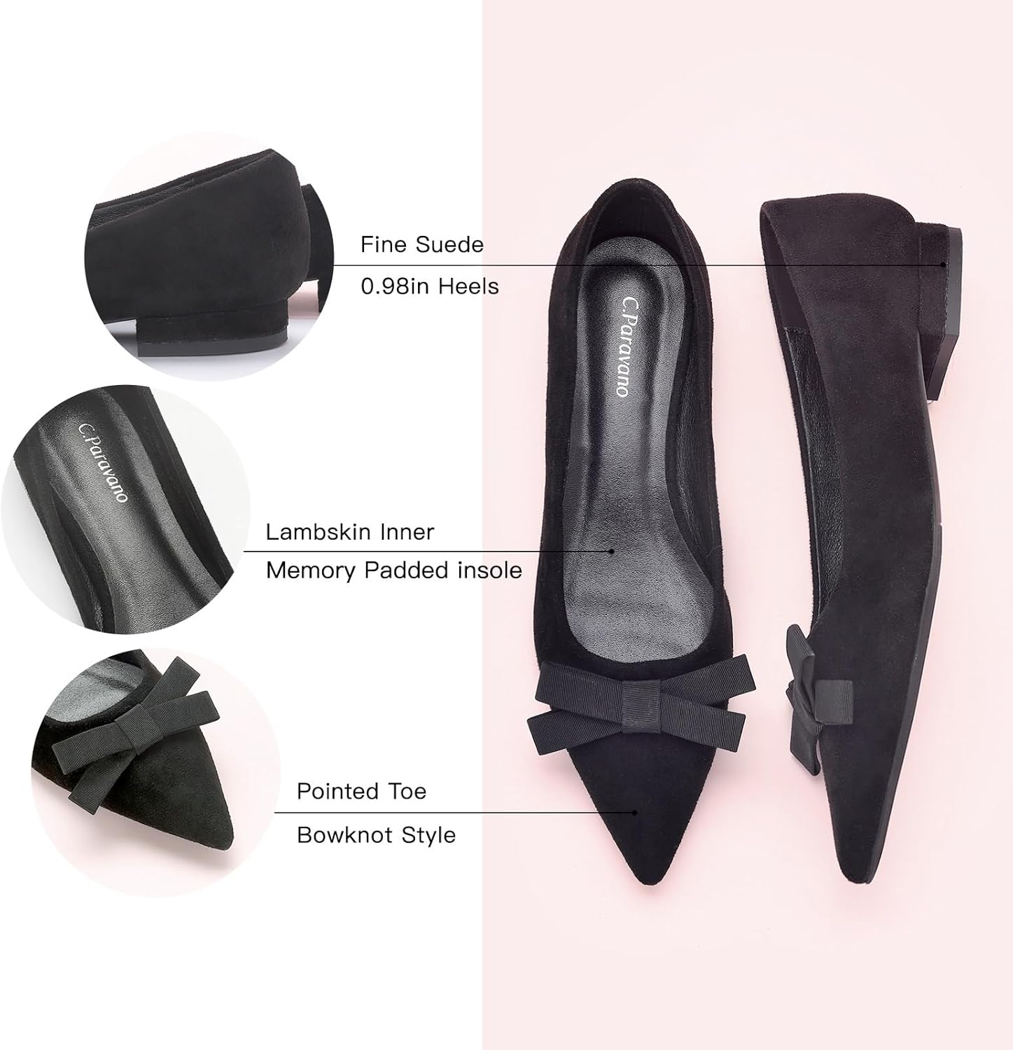 C.Paravano Women's Suede Bow Knot Ballet Flats Pointed Toe Slip-On Comfort Shoes for Casual & Formal Wear - Image 5