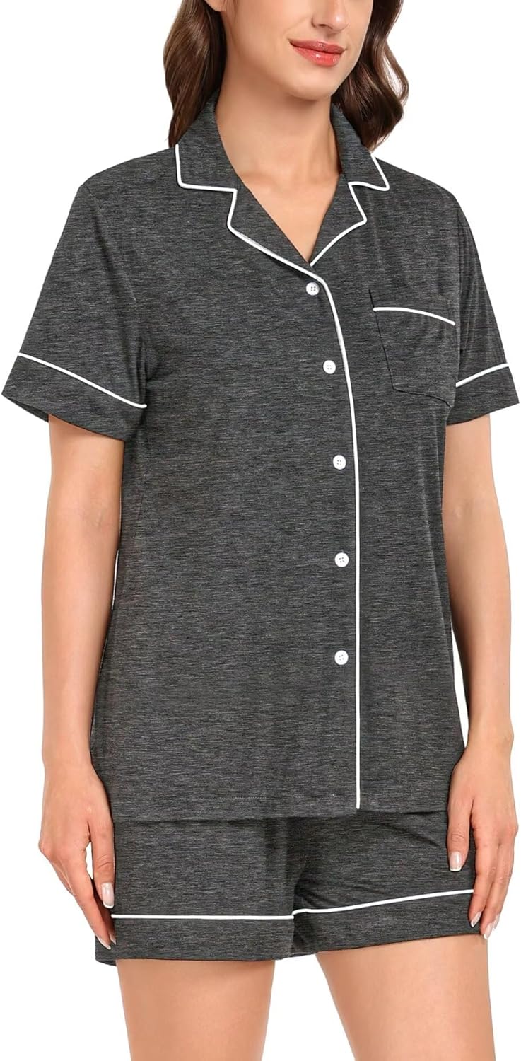 DIKFA Womens 2Pcs Pjs Set Short Sleeve Pajamas Classic Sleepwear Loungewear Button-Down Pjs with Shorts S-XXL - Image 3