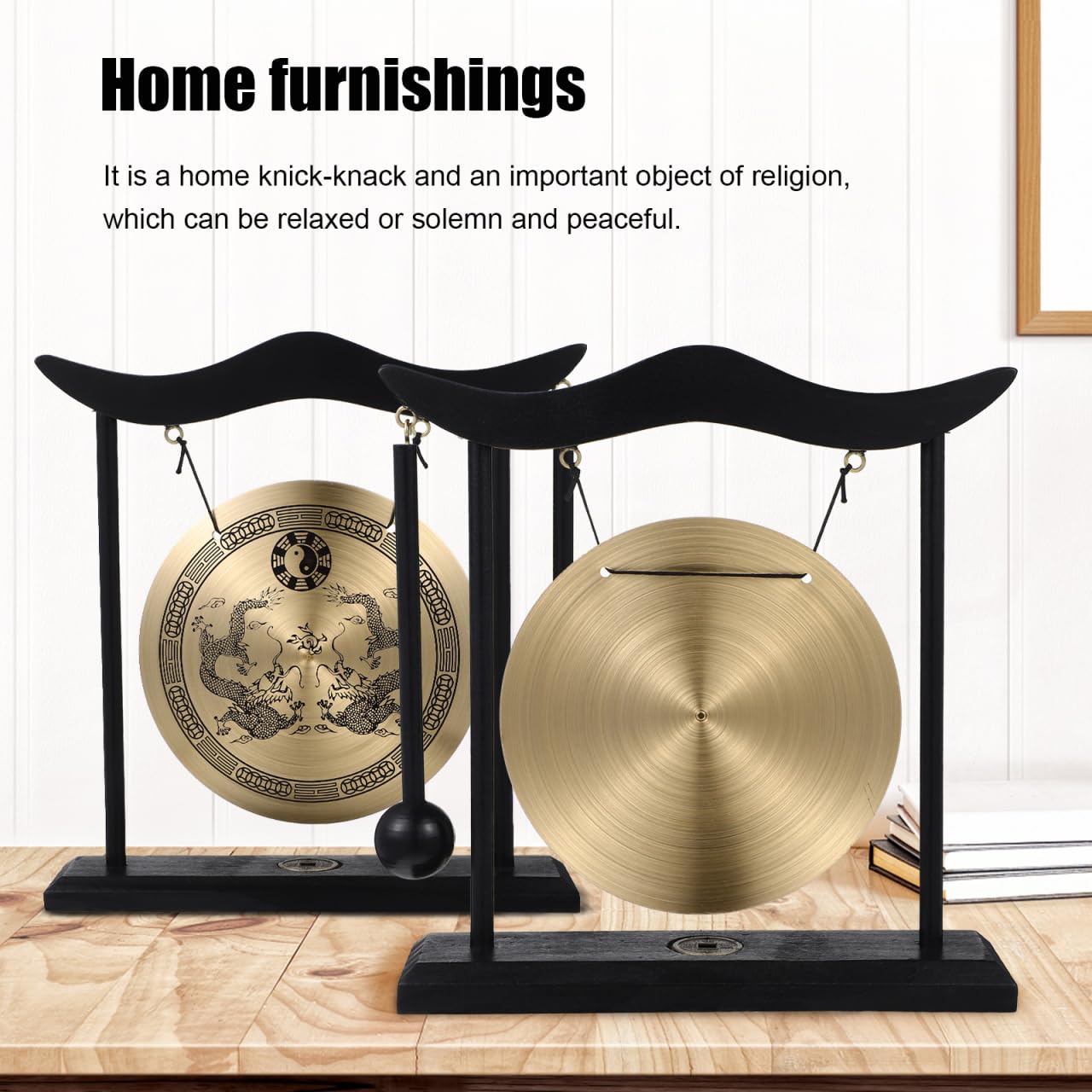 Vaguelly Gong con soporte de madera, pequeña mesa decorativa, timbre de gong, diseño de dragón, instrumento de percusión chino, decoración para el hogar, la oficina